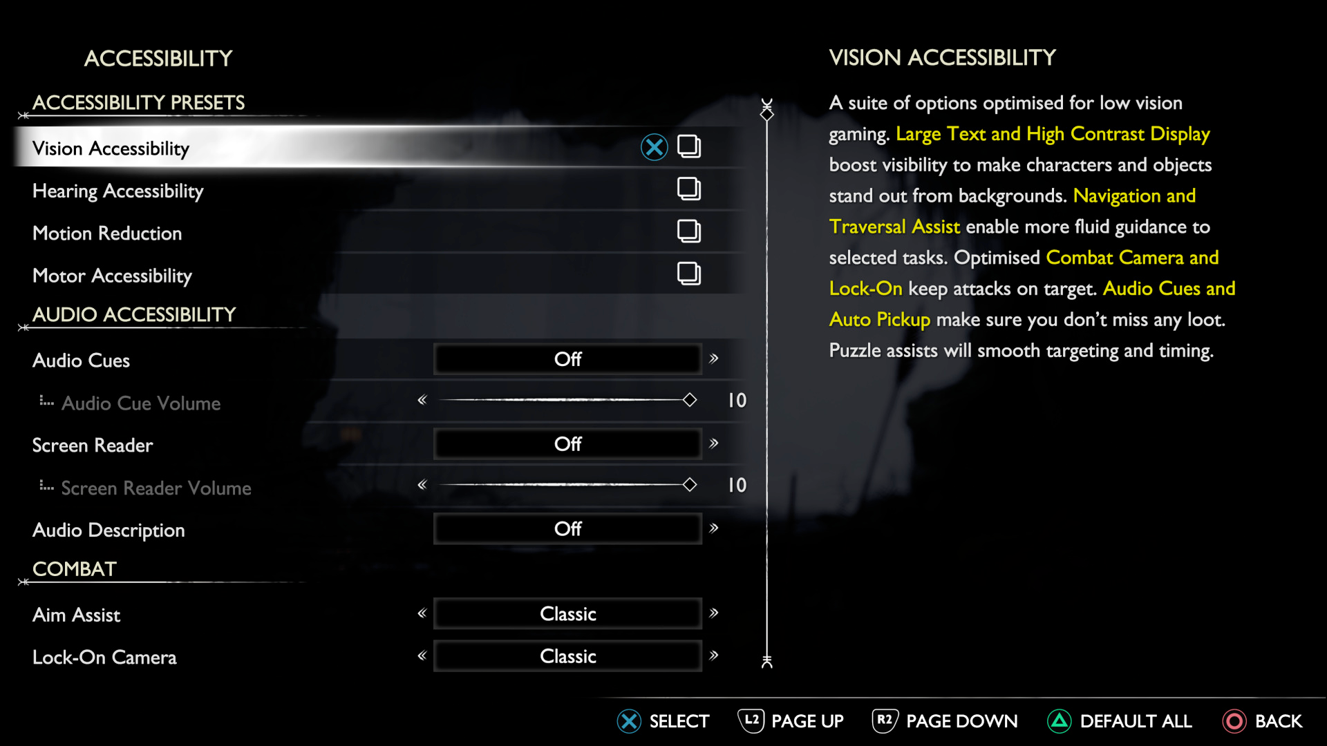 Accessibility presets for vision, hearing, motion, and motor, as well as audio accessibility and combat settings