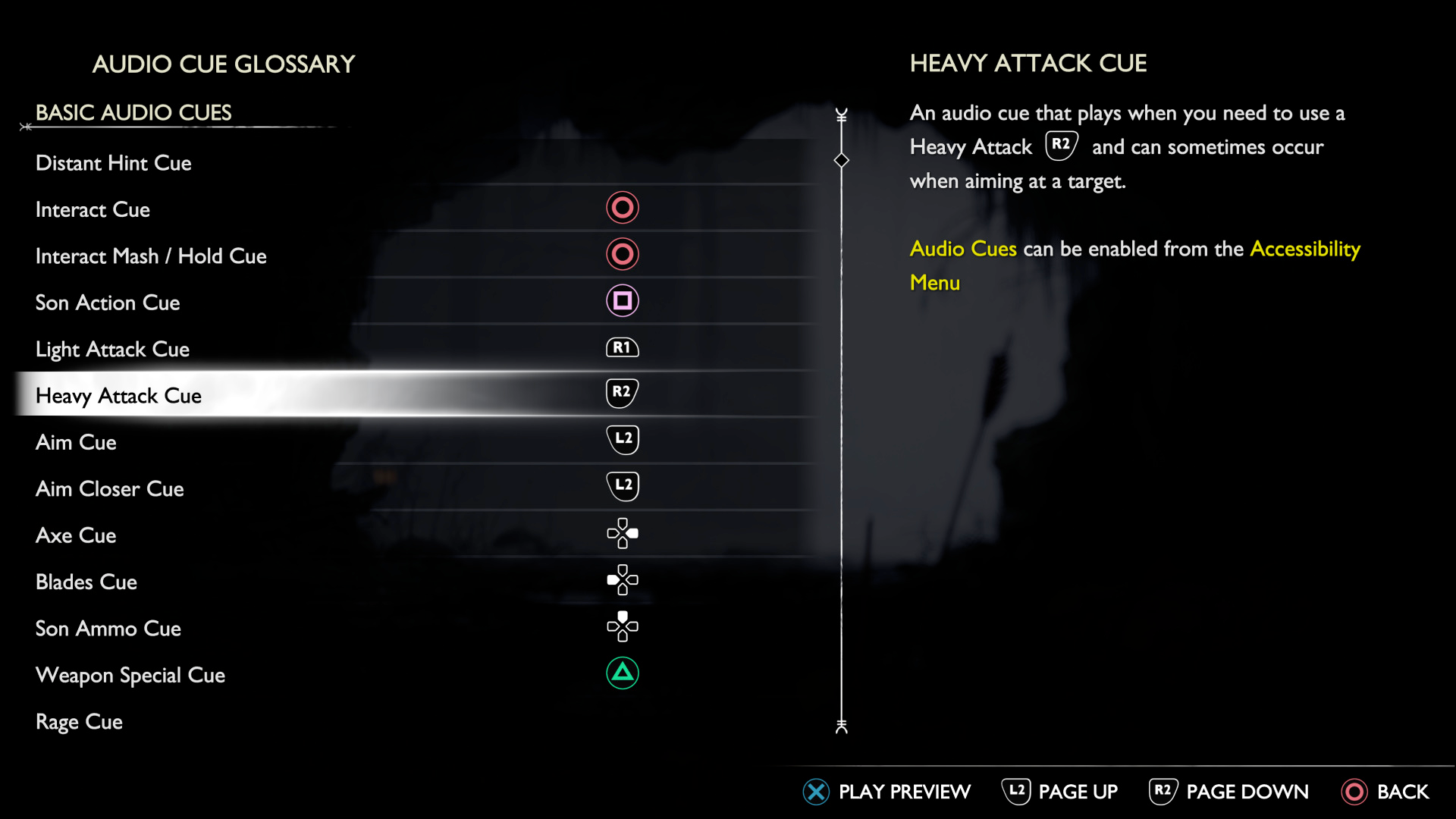 Audio cue glossary with options for interactions, attacks, aims, and Atreus.