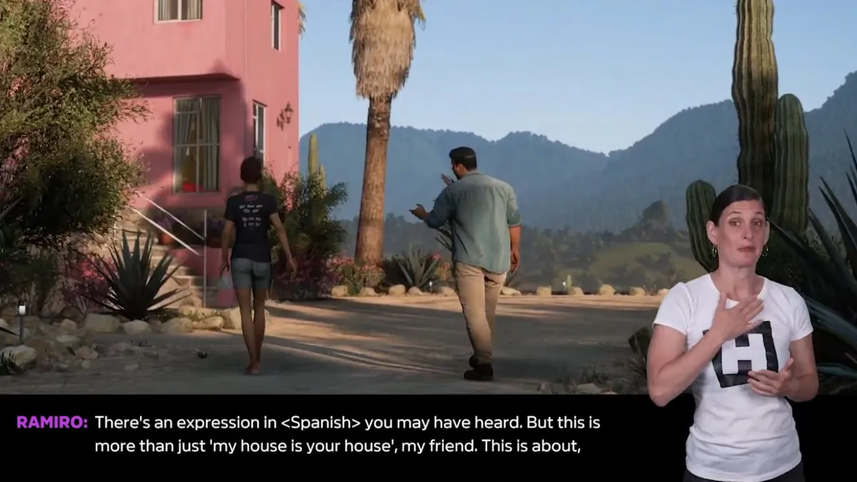 Forza Horizon 5 Screenshot, sign-language interpreter signing, game cinematic in background with subtitles