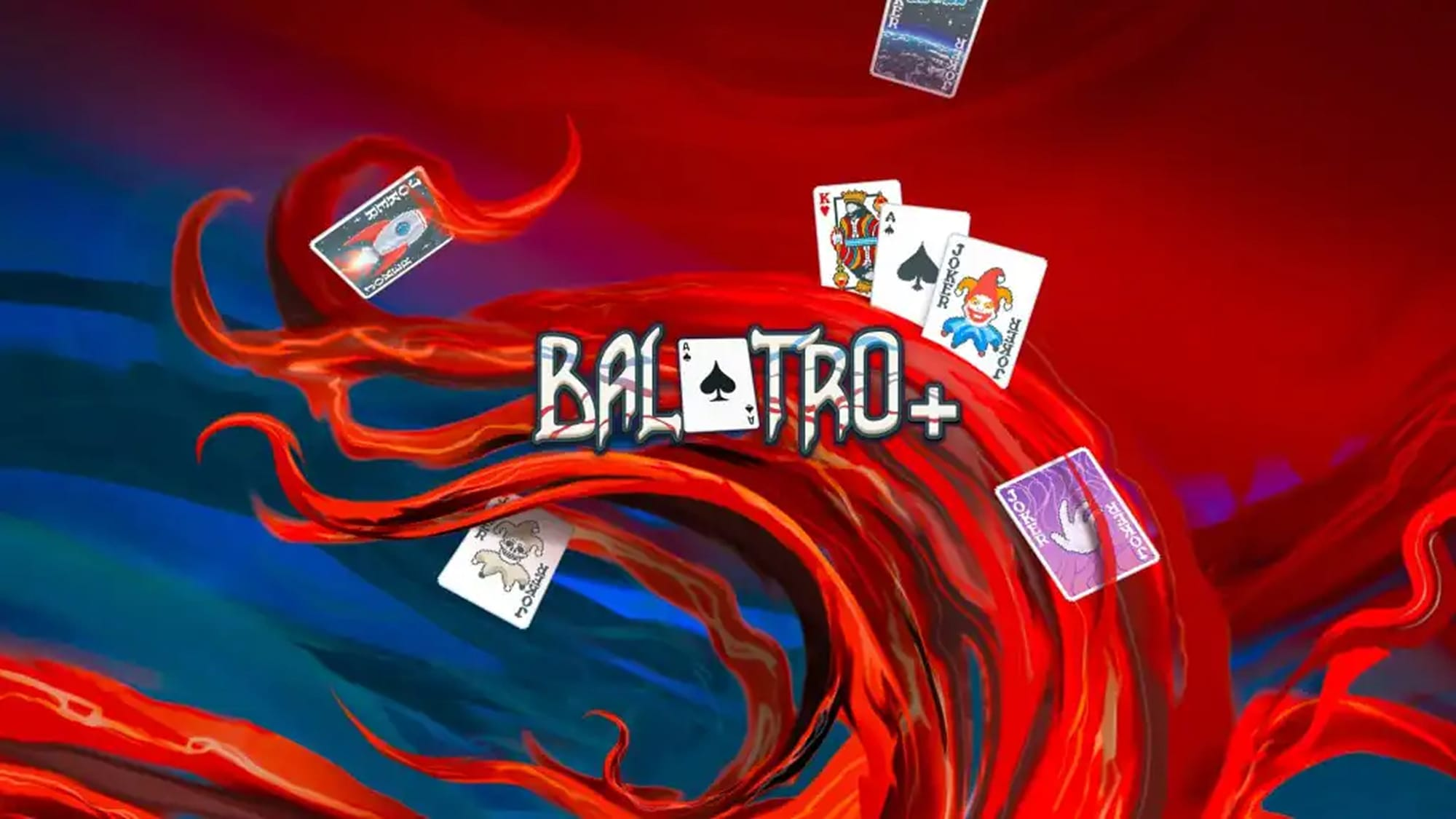 Balatro key art, cards swirling in abstract background