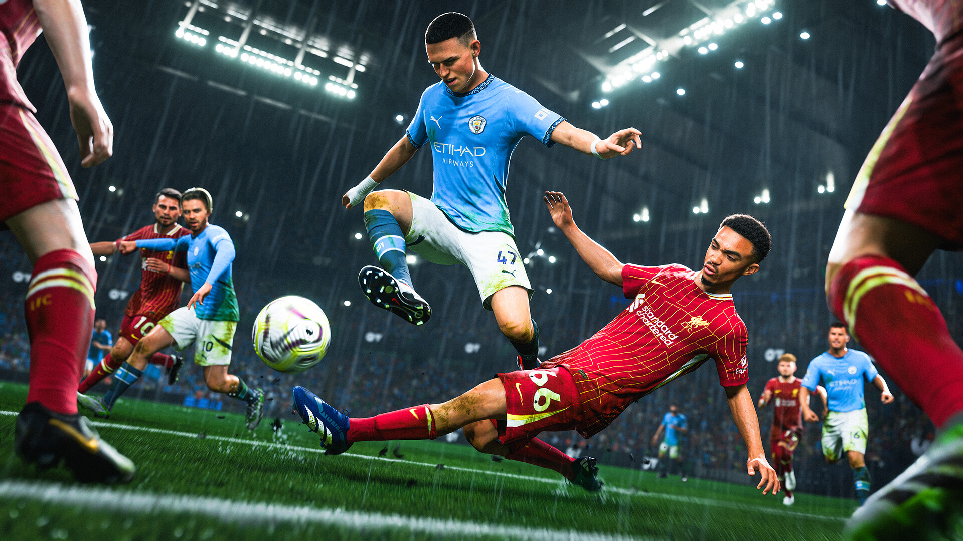 EA FC 25 Screenshot, showing two players competing over ball, other teammates in background