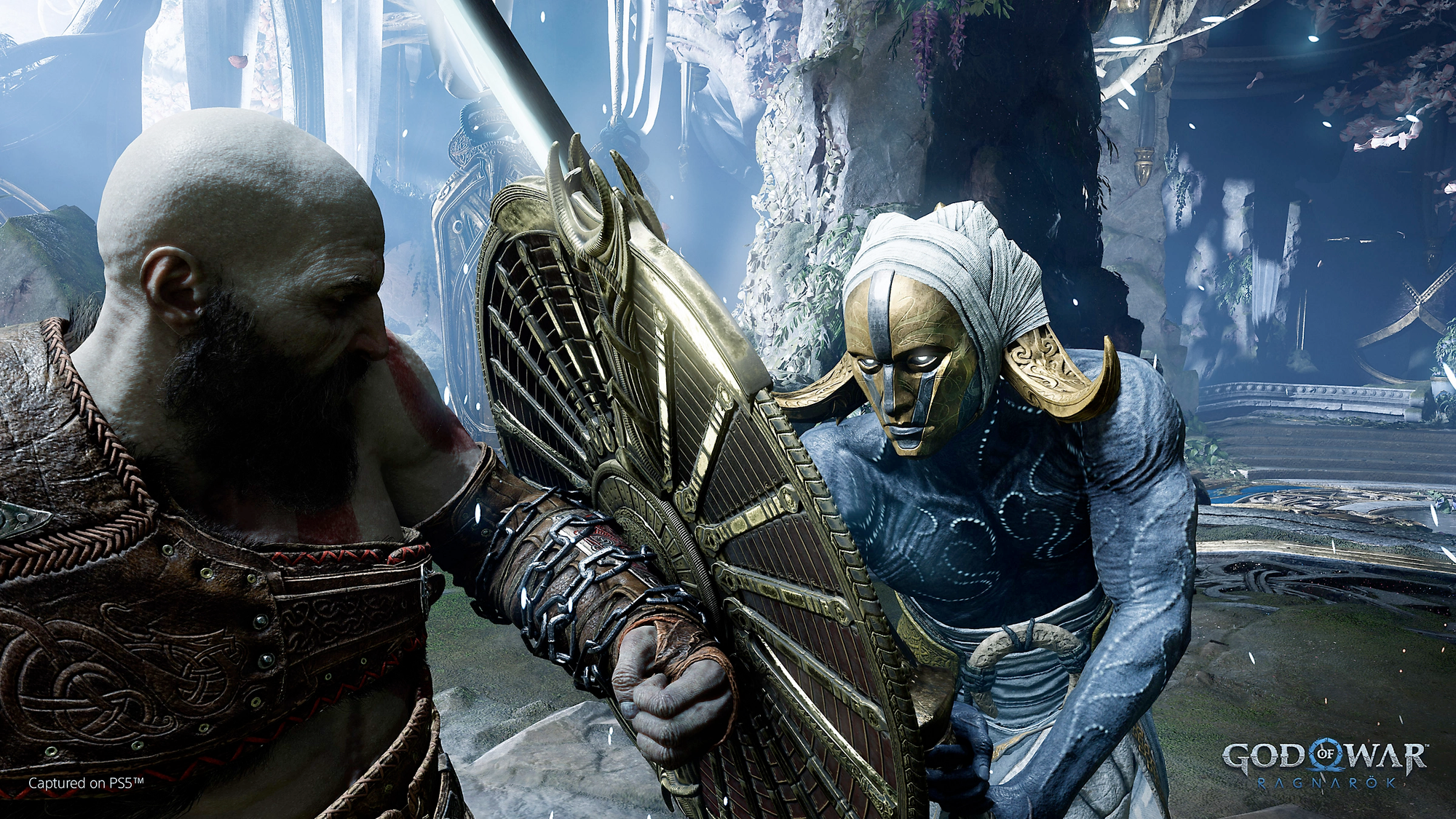 God of War Ragnarök screenshot showing Kratos fighting a masked figure