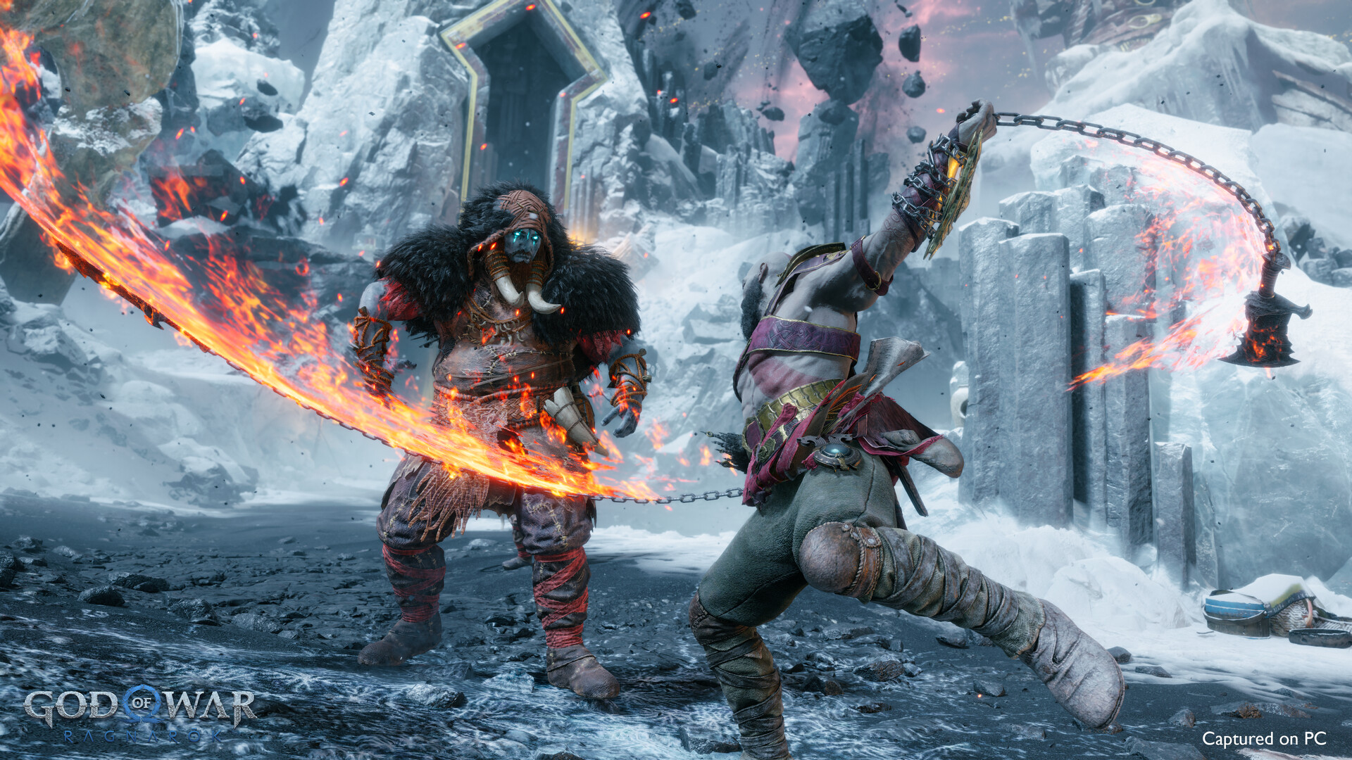 God of War Ragnarök screenshot showing Kratos using fiery attack on brutish enemy in icy landscape