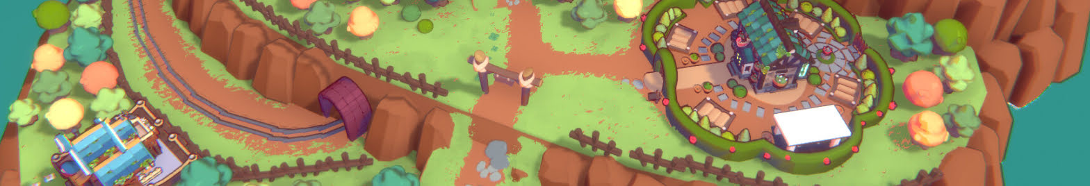 Aerial view of a colorful coastal scene with winding paths, buildings, trees, flowers, and bridges connecting different areas surrounded by blue water