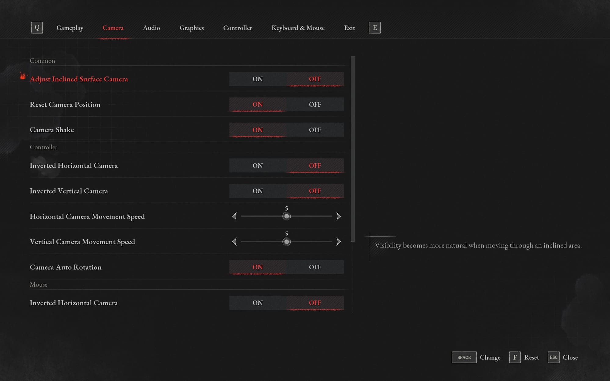Camera settings menu with various toggle options like "Inverted Horizontal Camera" and movement speed sliders.