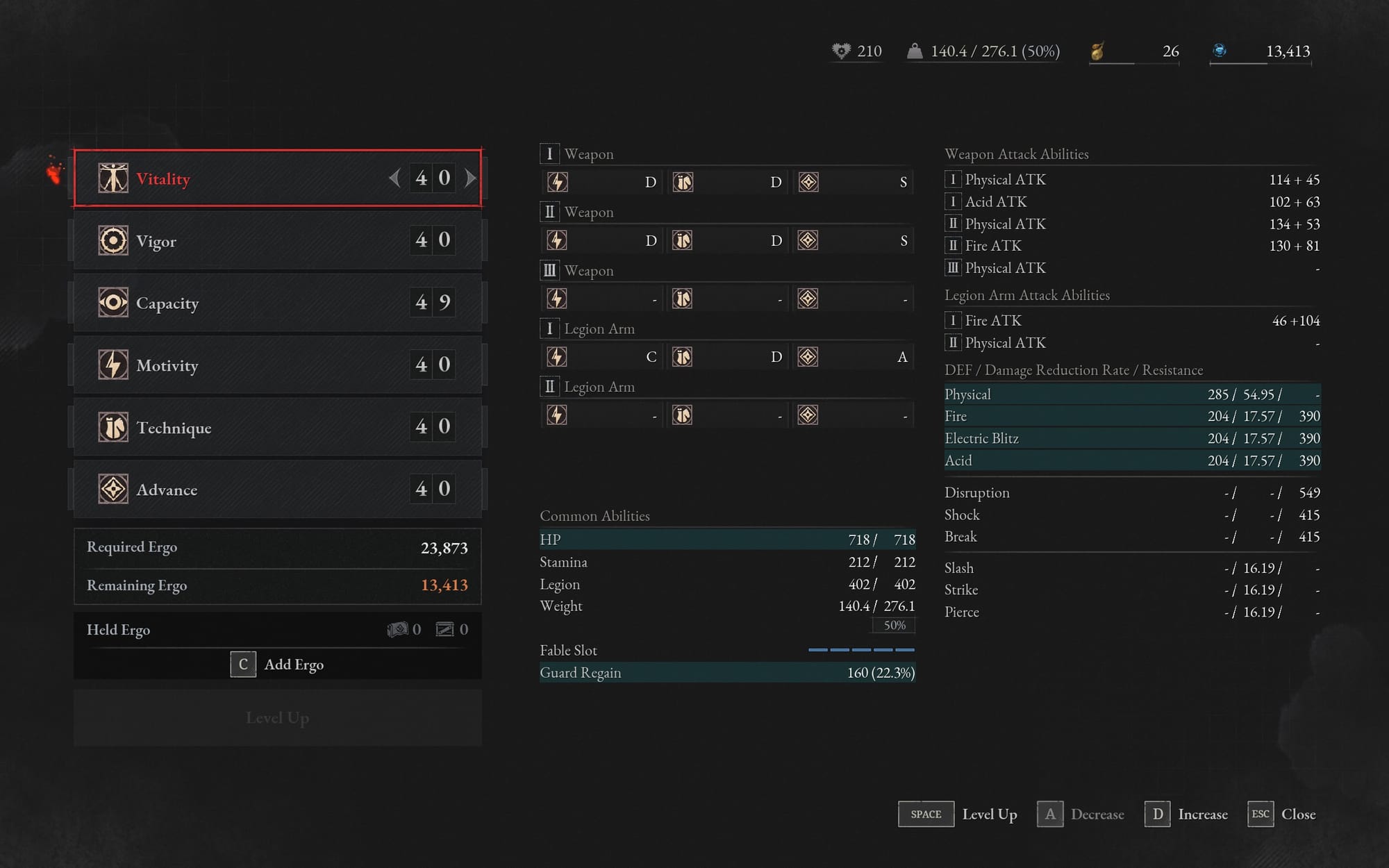 Character stats screen displaying vitality, vigor, and other attributes alongside weapon and equipment details.