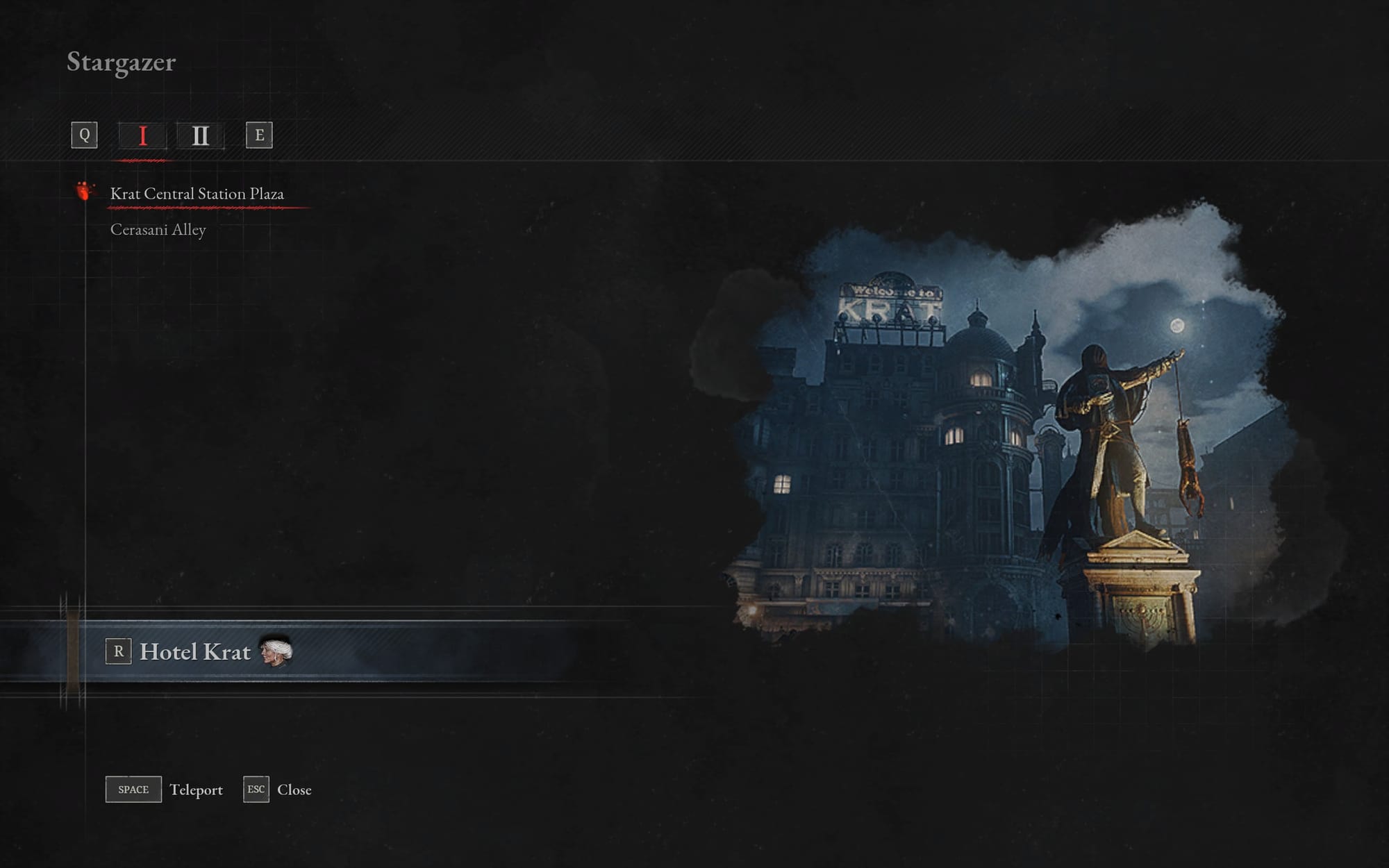 Game map interface showing "Stargazer" menu with location "Krat Central Station Plaza" and a nighttime city view with statue.
