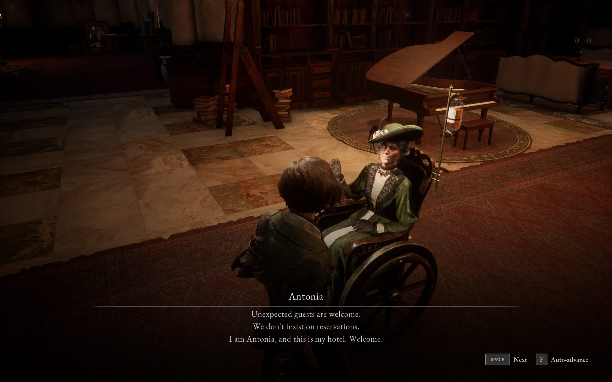  Interior scene showing two characters in a library - one seated woman in green period dress speaking to a kneeling figure, with dialogue text visible.