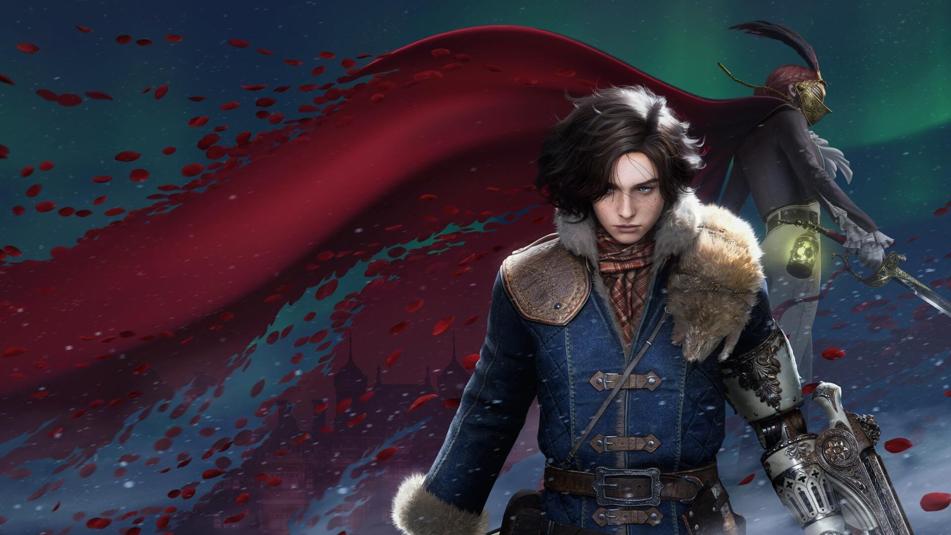 Character portrait of a young man with dark hair wearing a blue coat with fur collar, standing against a red-streaked background.