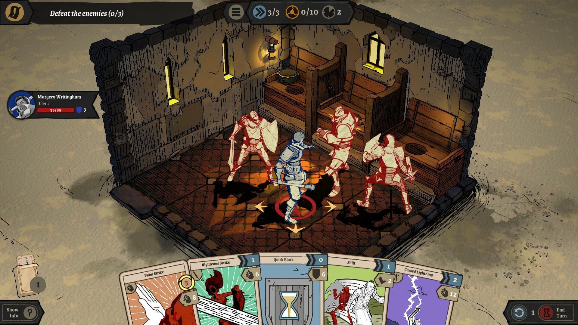 Combat encounter in tavern interior with blue-robed cleric character surrounded by multiple red-armored enemies, showing action cards and character health in UI.