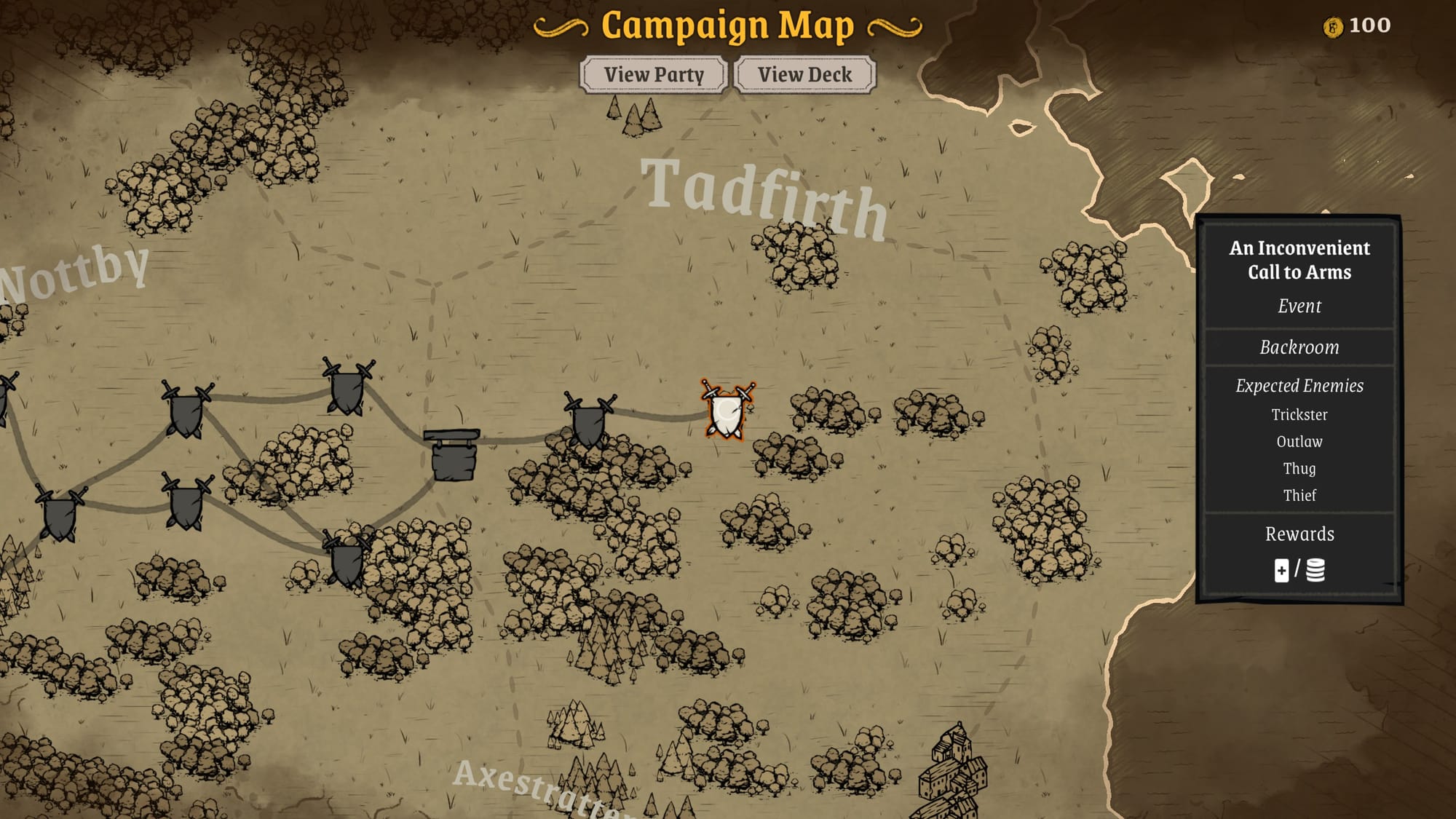 Campaign map of Tadfirth region with node-based paths, locations marked, and event details panel on right.
