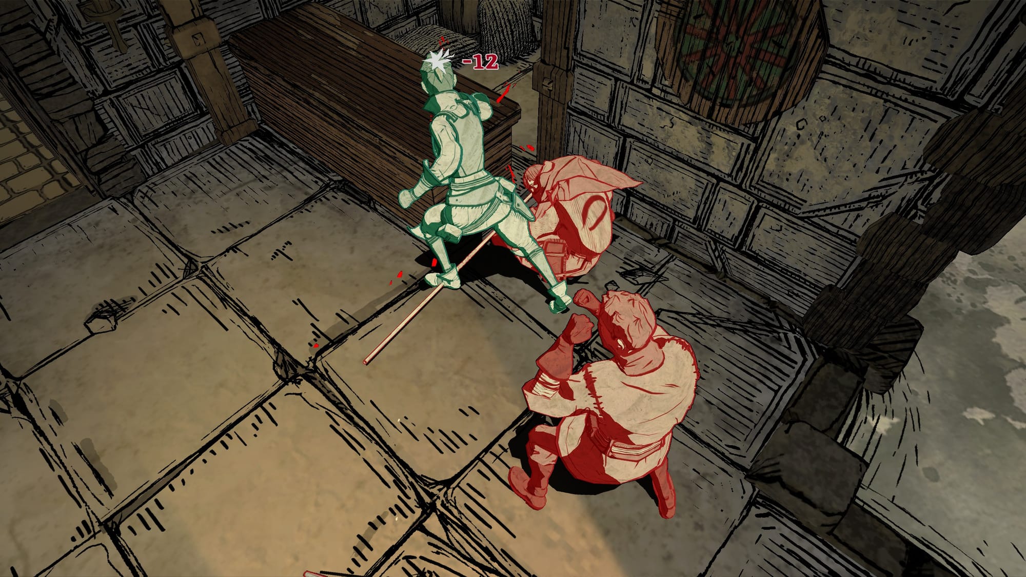 Close-up combat of armored character striking enemy with damage number displayed.