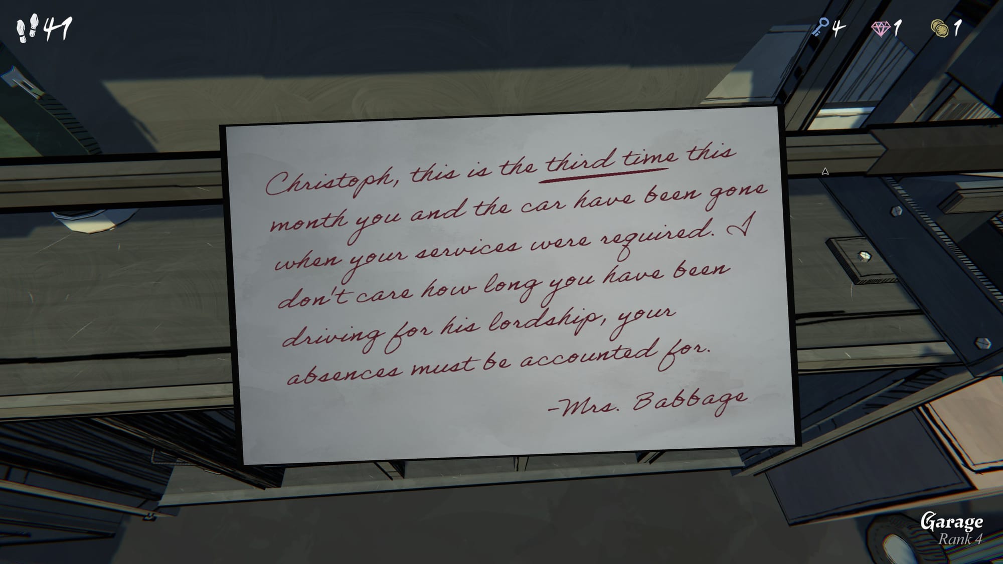 Blue Prince screenshot, showing cursive handwritten letter from Mrs. Babbage.