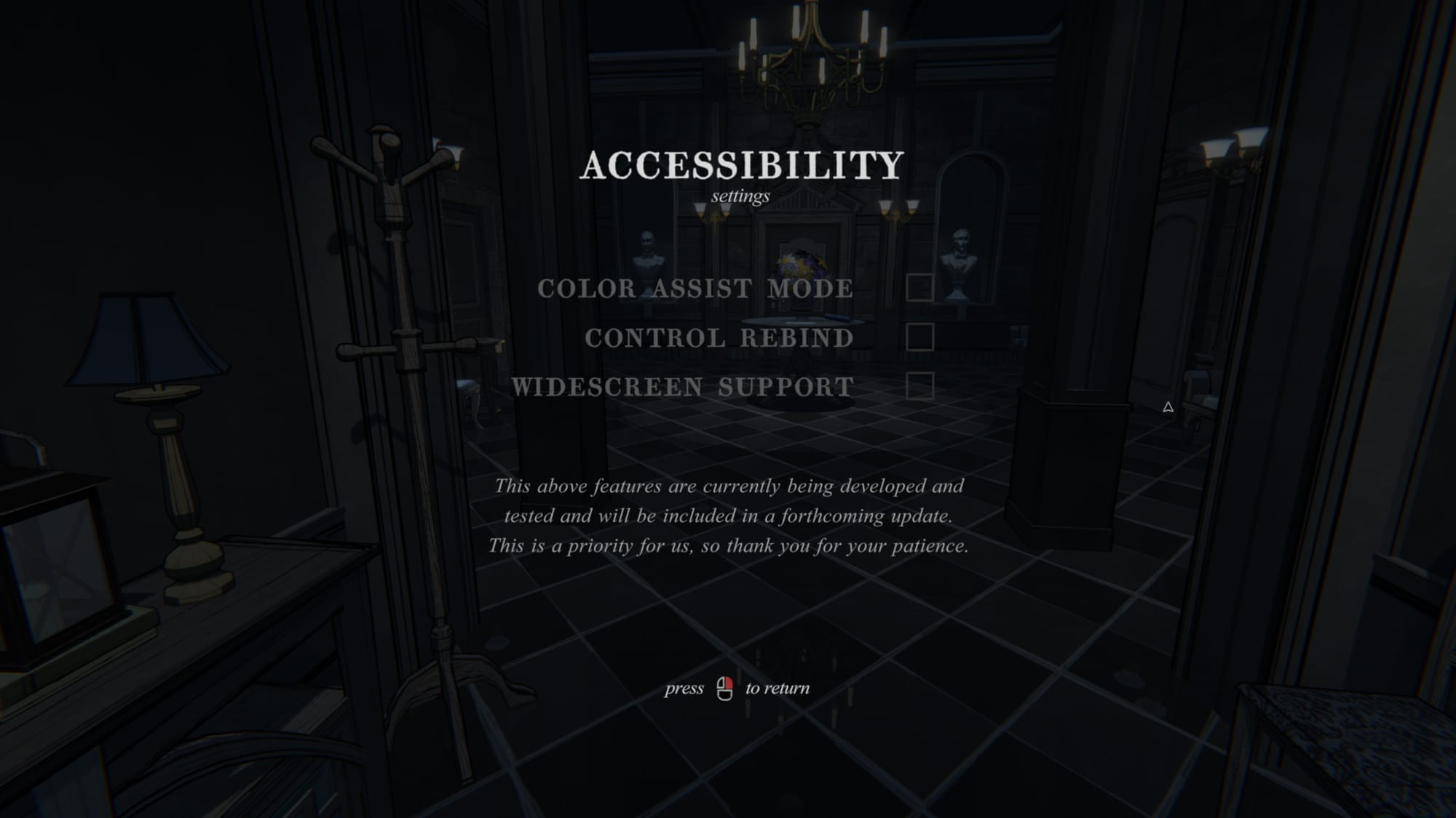 Blue Prince screenshot, showing accessibility menu with 3 placeholder options: color assist, control rebind, widescreen support.