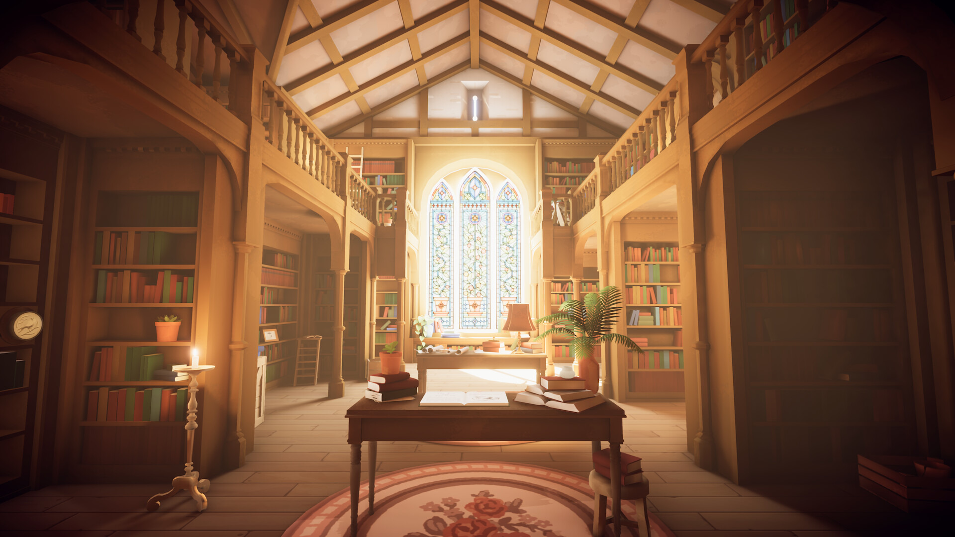 Interior of library with wood details, desk, and plant, game screenshot.