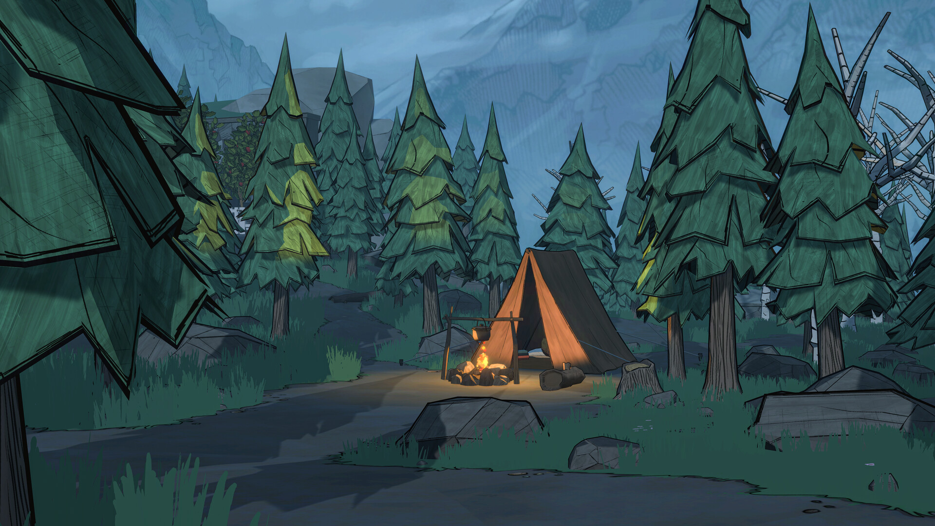 Blue Prince screenshot, showing tent and campfire in the woods.