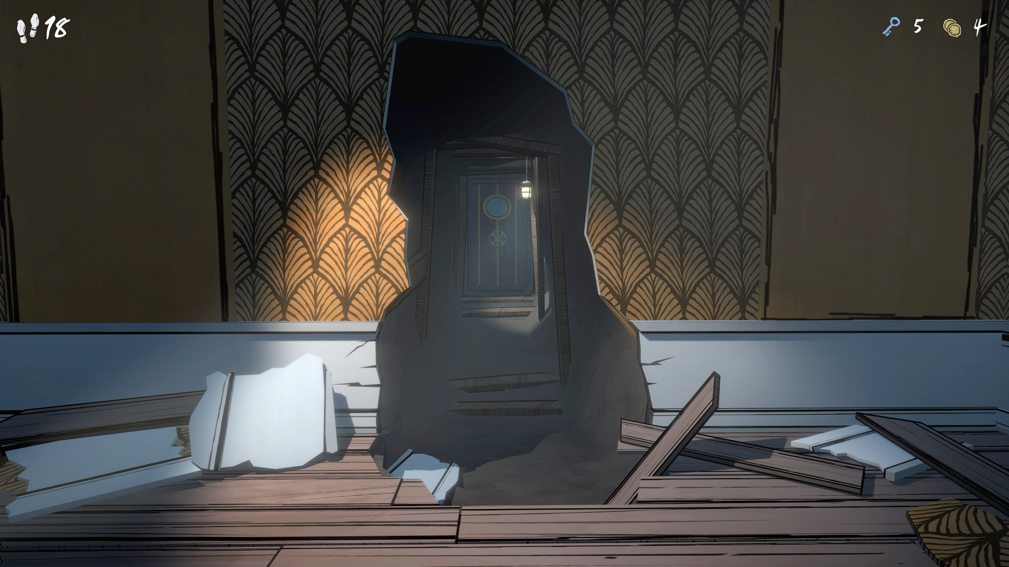 Blue Prince screenshot, showing multiple holes in the wall, leading to a secret door.