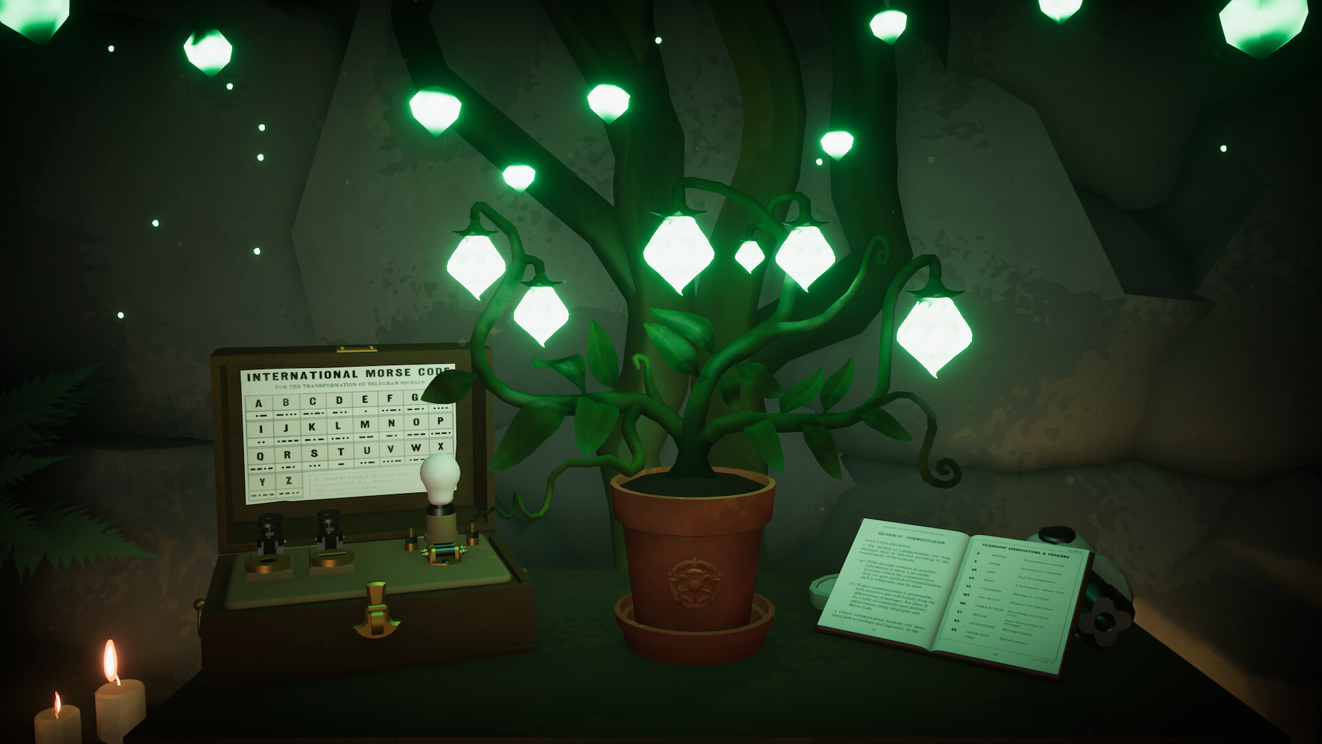 Potted plant with glowing flower bulbs, next to telegraph machine and book, game screenshot.