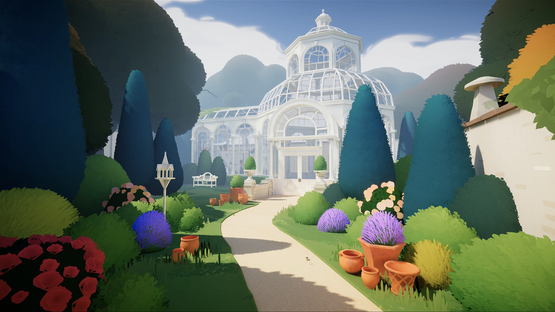 Classic white plant greenhouse among lush green garden, game screenshot.