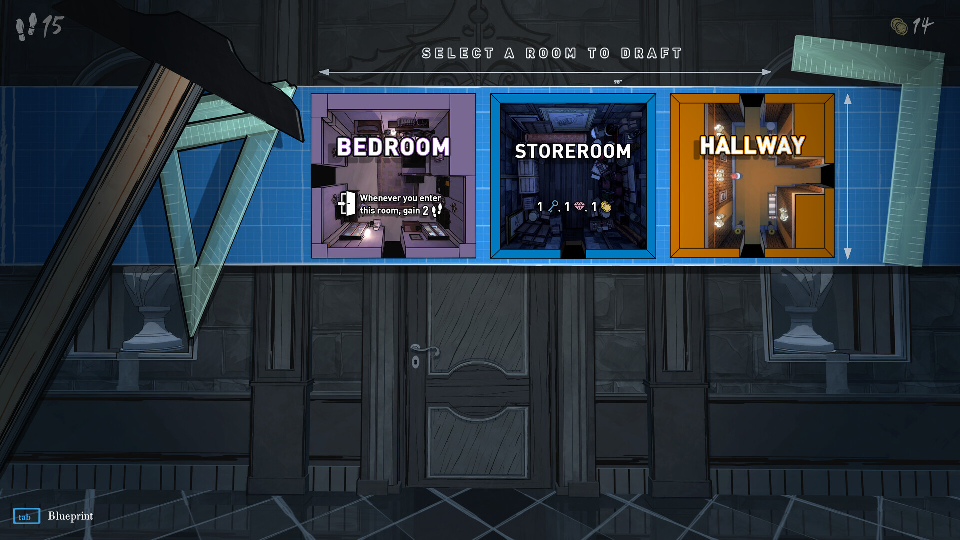 Blue Prince screenshot, showing options for bedroom, storeroom, and hallway.