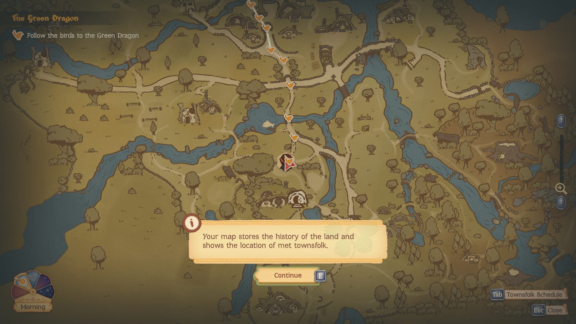 Map UI showing various towns, rivers, and points of interest.