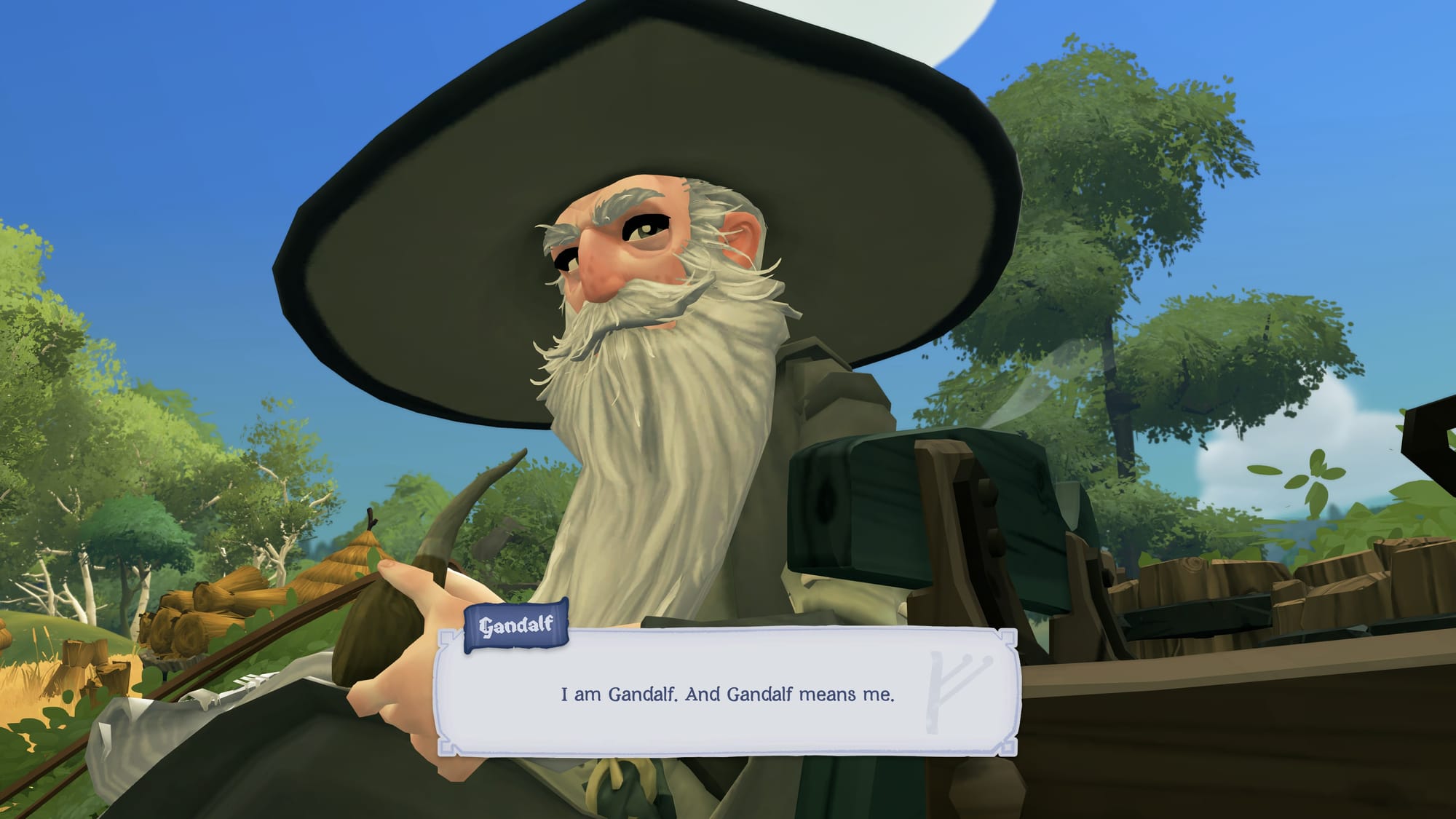 Gandalf the wizard character in gray robes and wide-brimmed hat holding a staff, with dialogue text "I am Gandalf. And Gandalf means me."