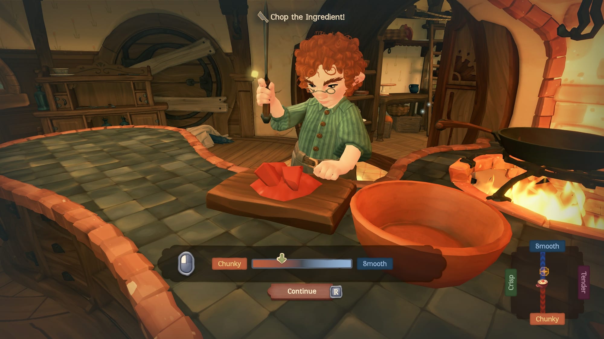 Tales of the Shire cooking gameplay showing a curly-haired hobbit chopping ingredients in a cozy kitchen with a progress bar from 'Chunky' to 'Smooth' and ingredient options displayed on the right.