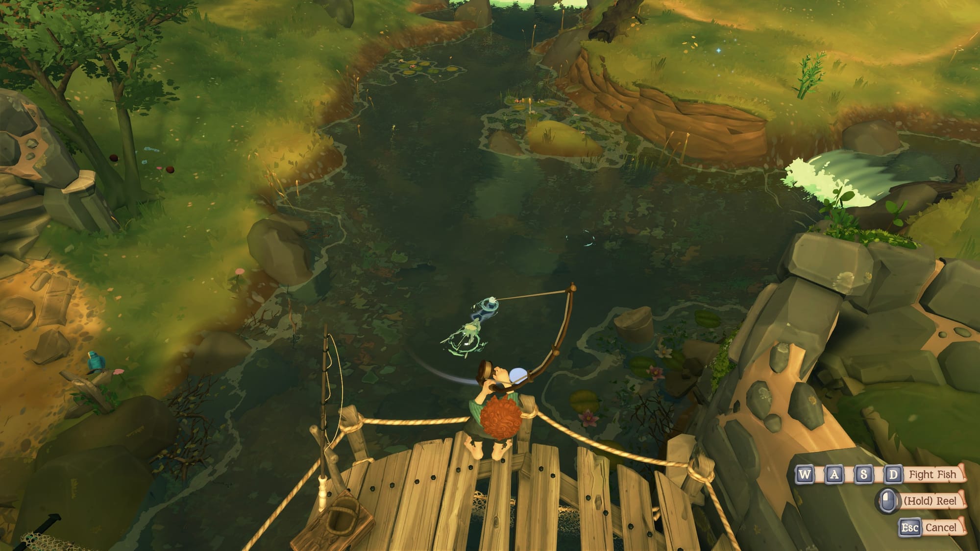 Tales of the Shire fishing gameplay showing a hobbit character on a wooden dock with fishing rod cast into a pond, with 'Fight Fish' controls and 'Reel' action displayed in the UI.