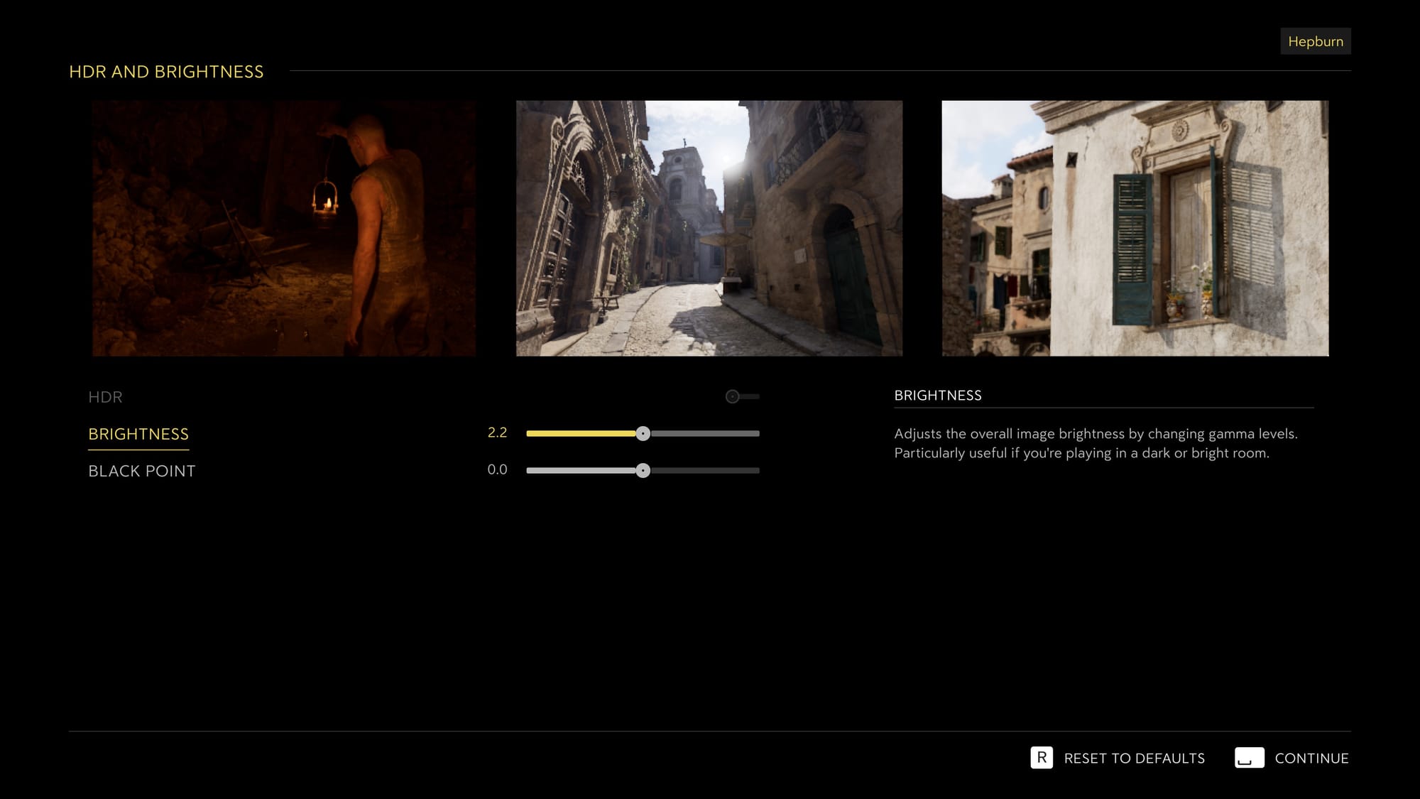 HDR and Brightness menu in-game. It shows a slider for Brightness, HDR, and Black Point settings.