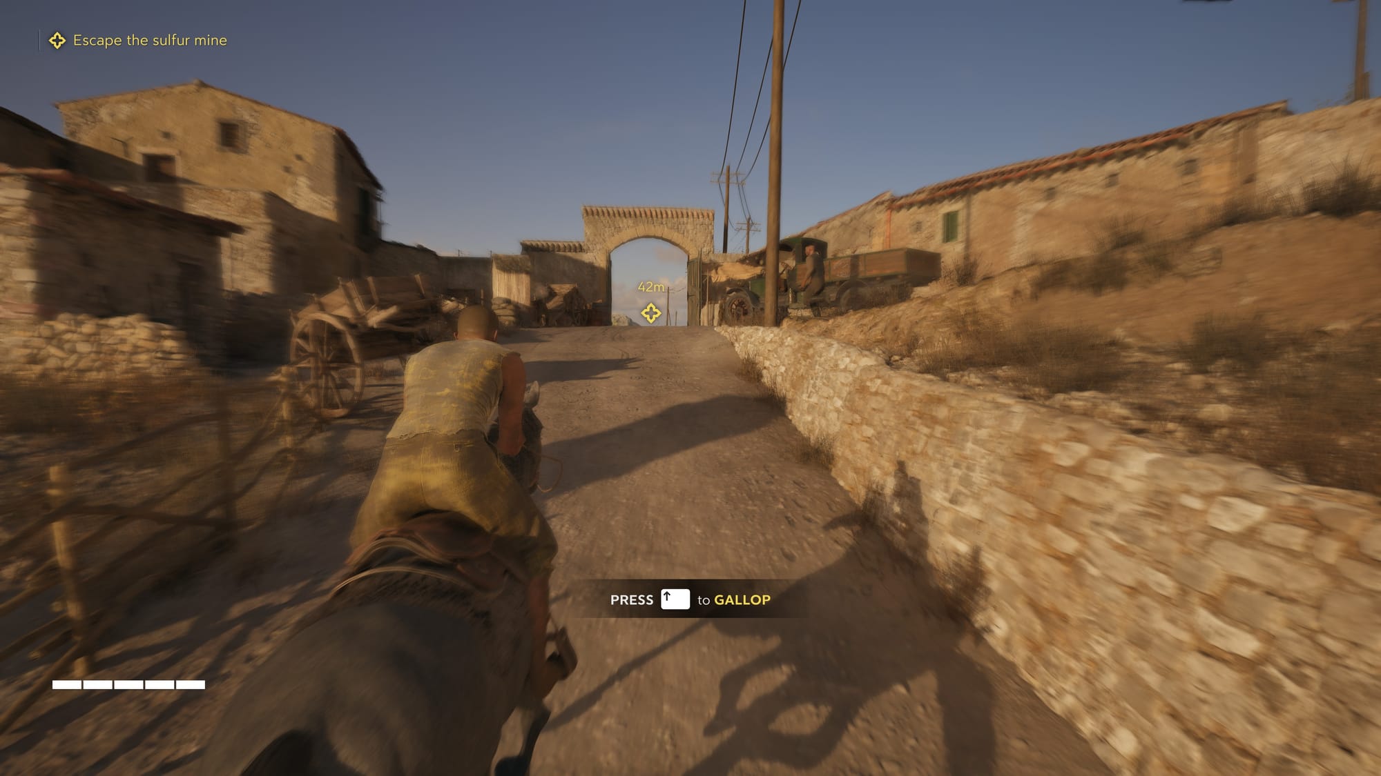 Enzo escapes on horseback. There is a yellow dot in the distance that shows the distance to destination.