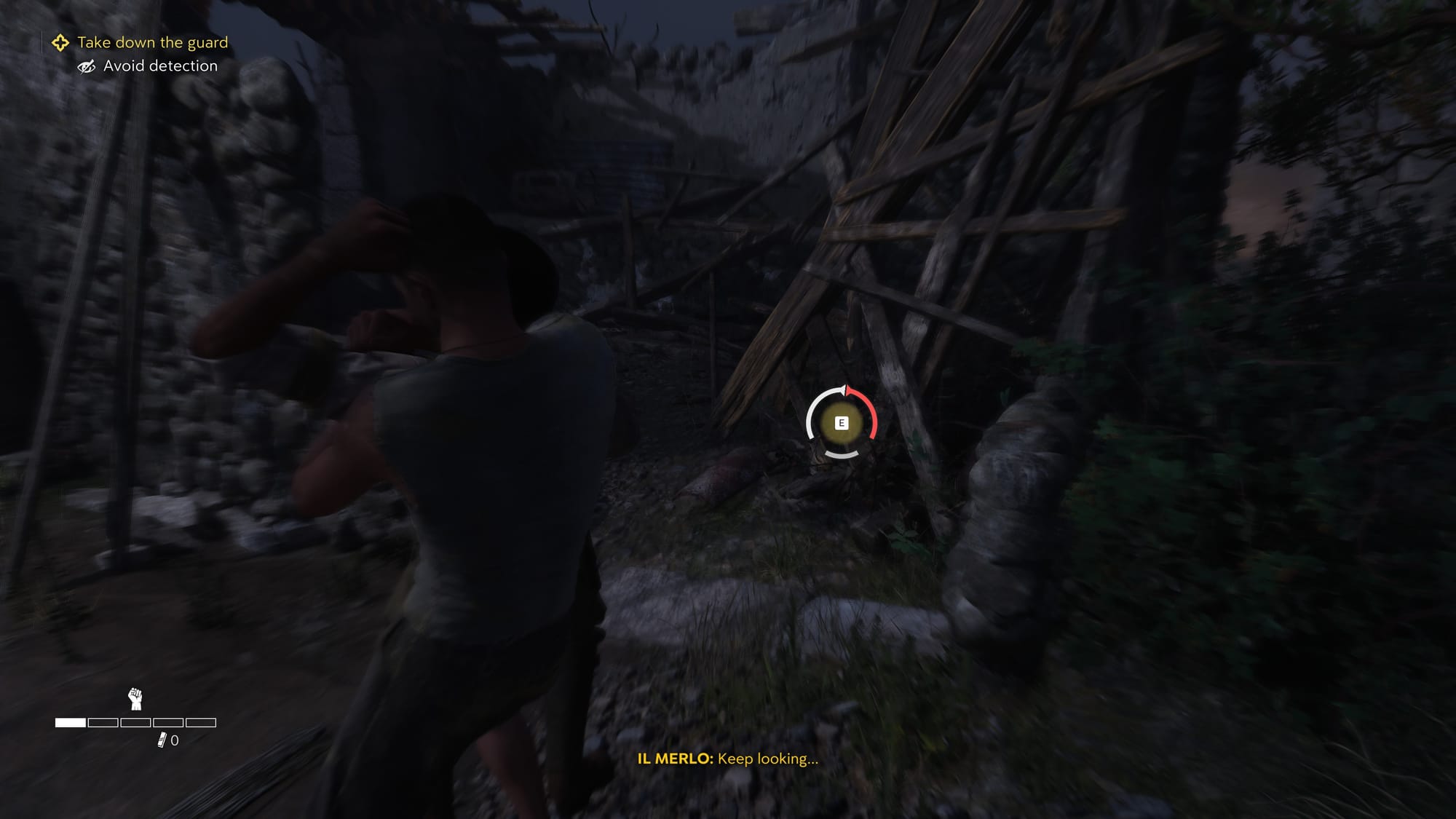 Enzo fights in the dark against an assailant. He is choking him and a button timer appears in the corner to choke the assailant quickly.