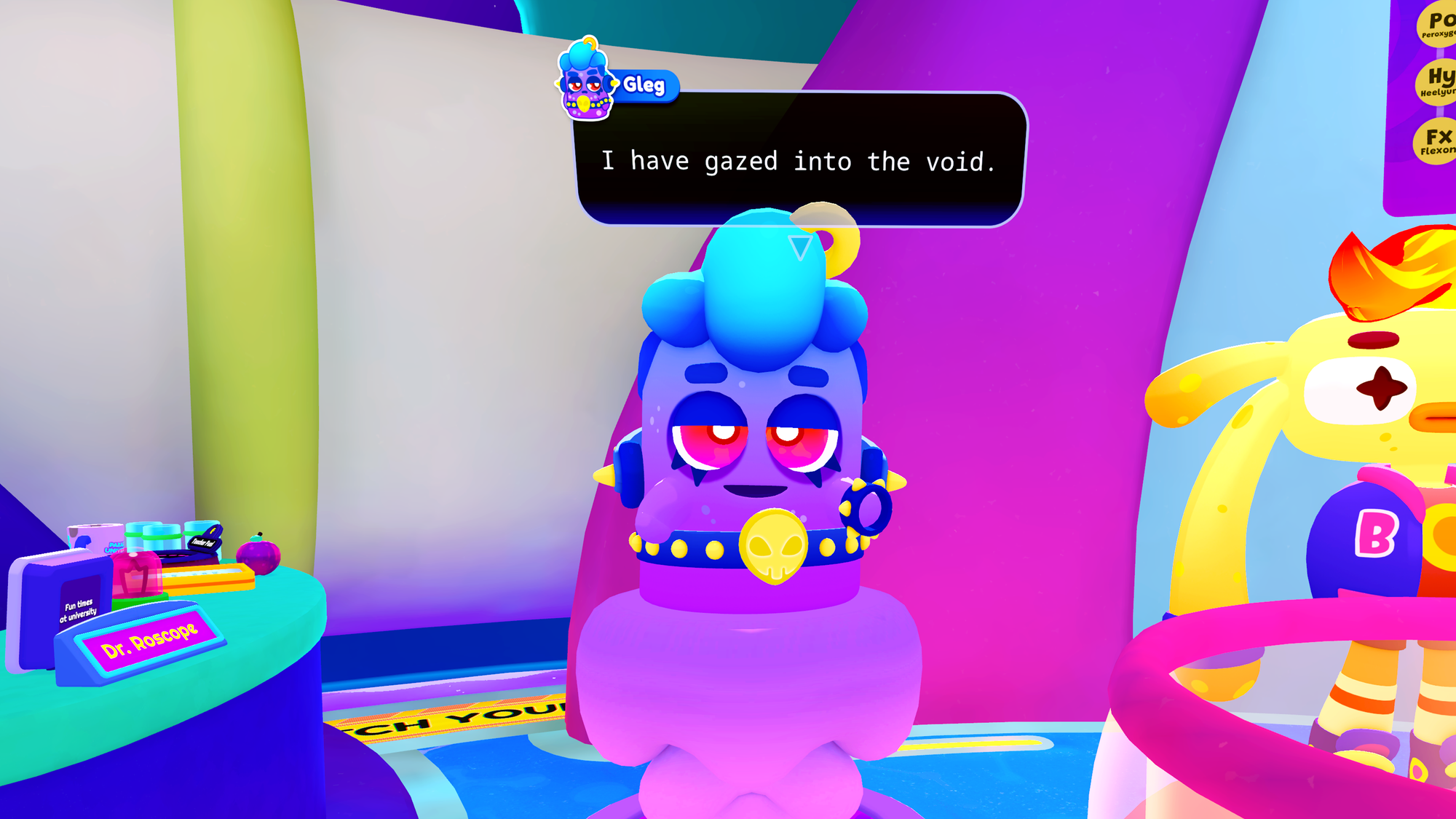 Gleg, punk-style blob alien, with subtitles "I have gaved into the void".