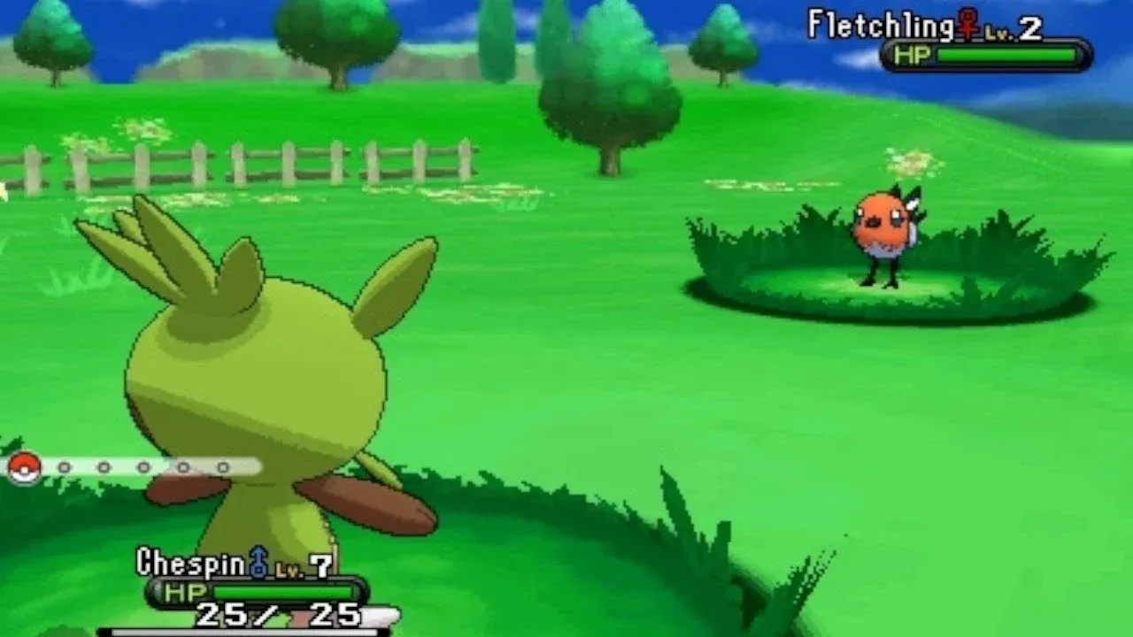 Chespin in a field facing off against Fletchling.
