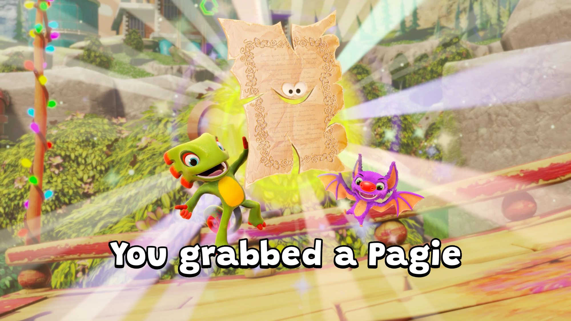 Yooka and Laylee holding a Pagie. The Pagie is glowing with the text, "You grabbed a Pagie!"
