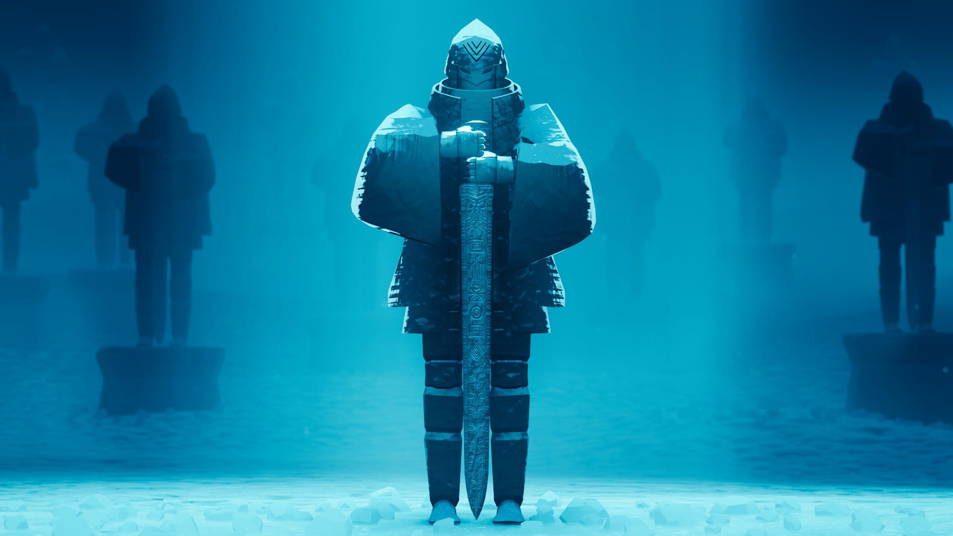 The Wraith slumbers posed holding a sword. Behind them are more sleeping warriors.