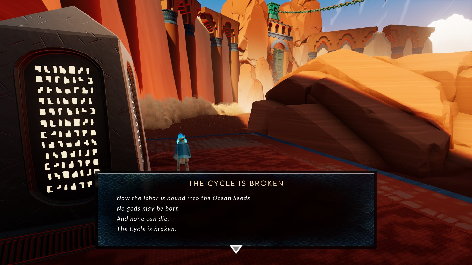 An obelist reads, "The cycle is broken. Now the Ichor is bound into the Ocean Seeds. No gods may be born. And none can die."