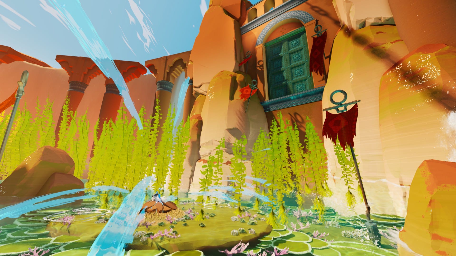 Several lily pads surround a green door embedded into the mountainside.