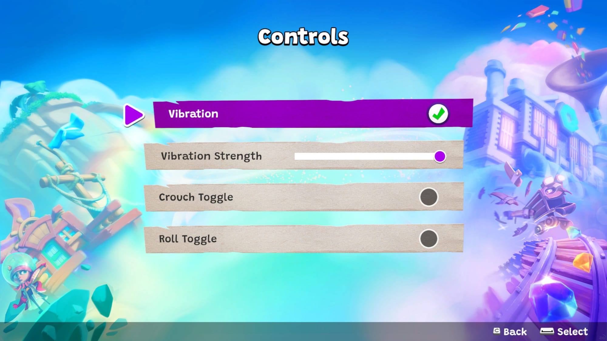 The Controls menu with vibration, vibration strength, crouch toggle, and roll toggle available as options.