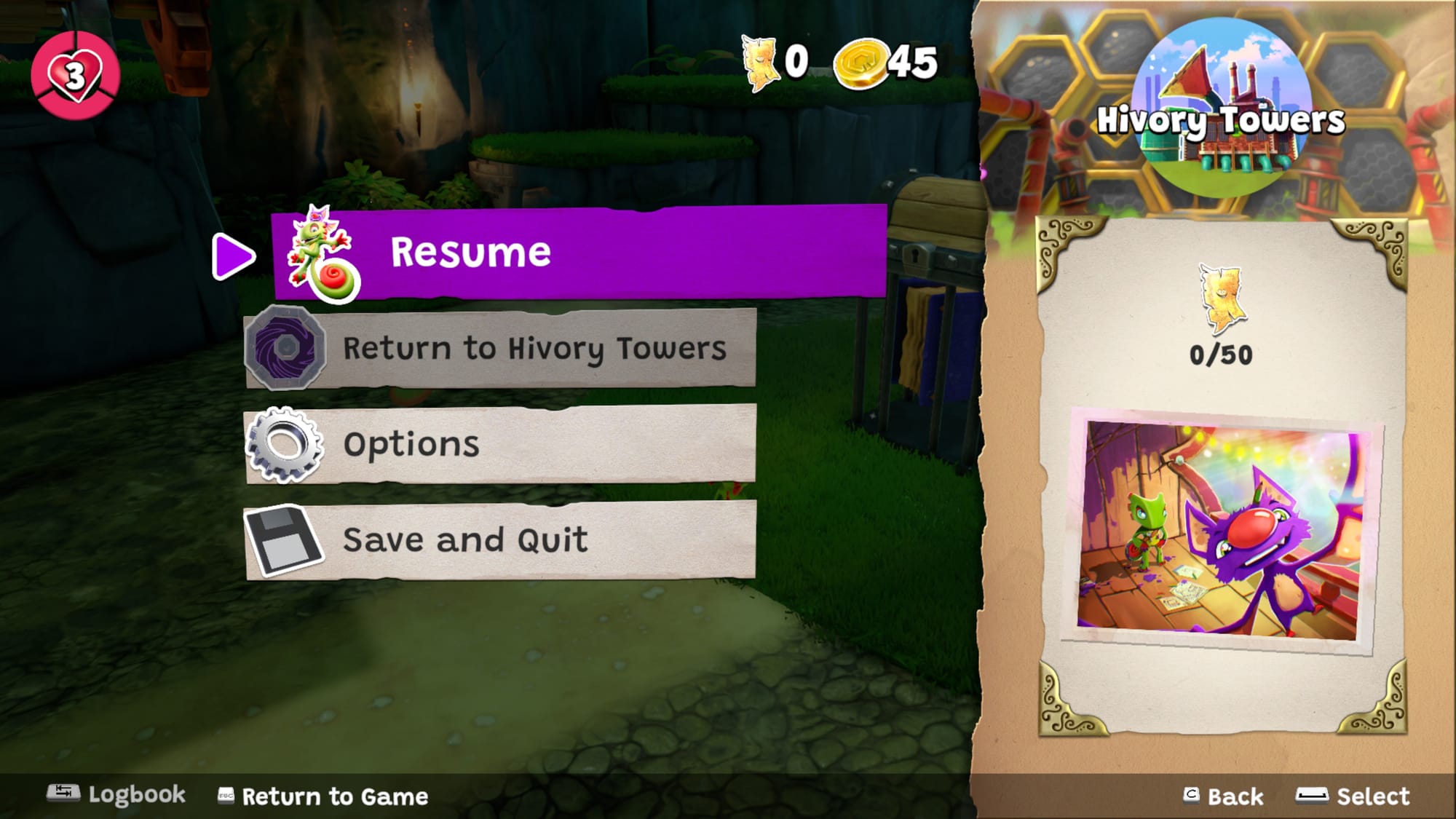 The pause menu showing a resume, options, and a save and quit button.