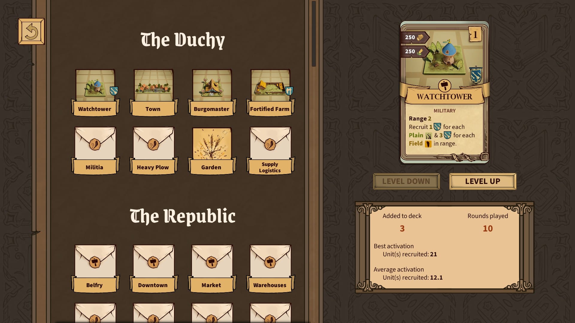 Screen showing several cards included in the Duchy, like a Watchtower, Town, Fortified Farm, and Garden.