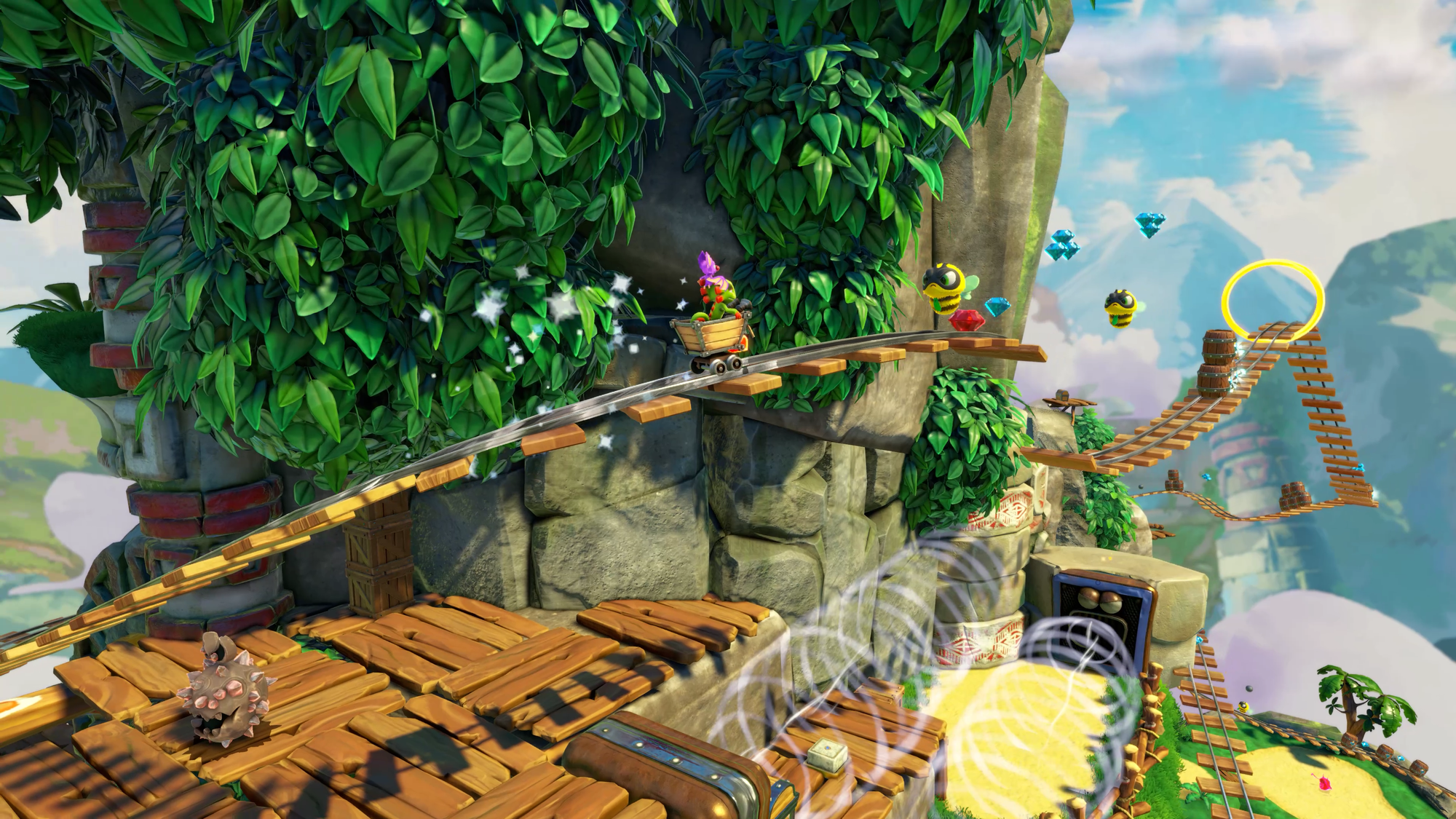 Yooka and Laylee on a rollercoaster with enemy bees in front.