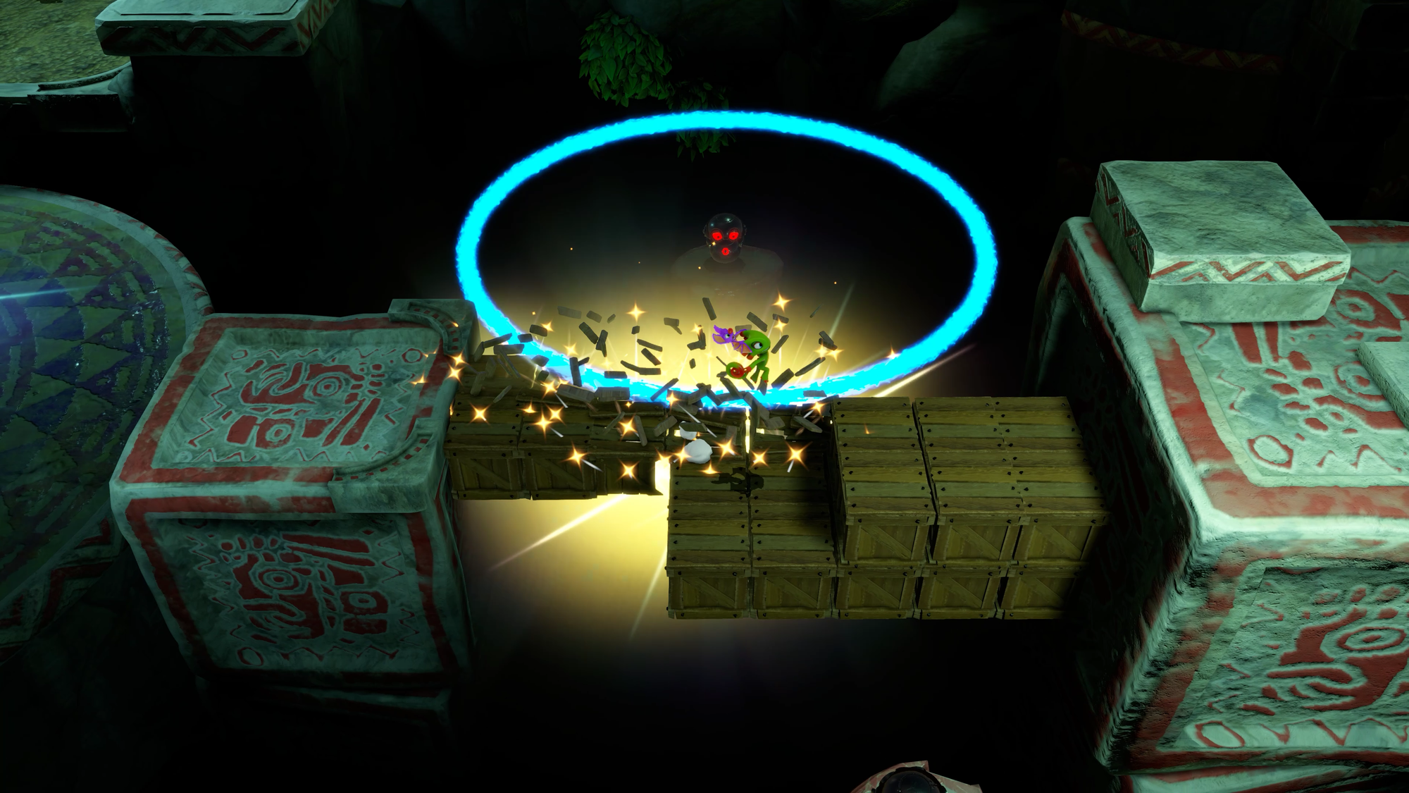 Yooka and Laylee jumping in midair and smashing a box.