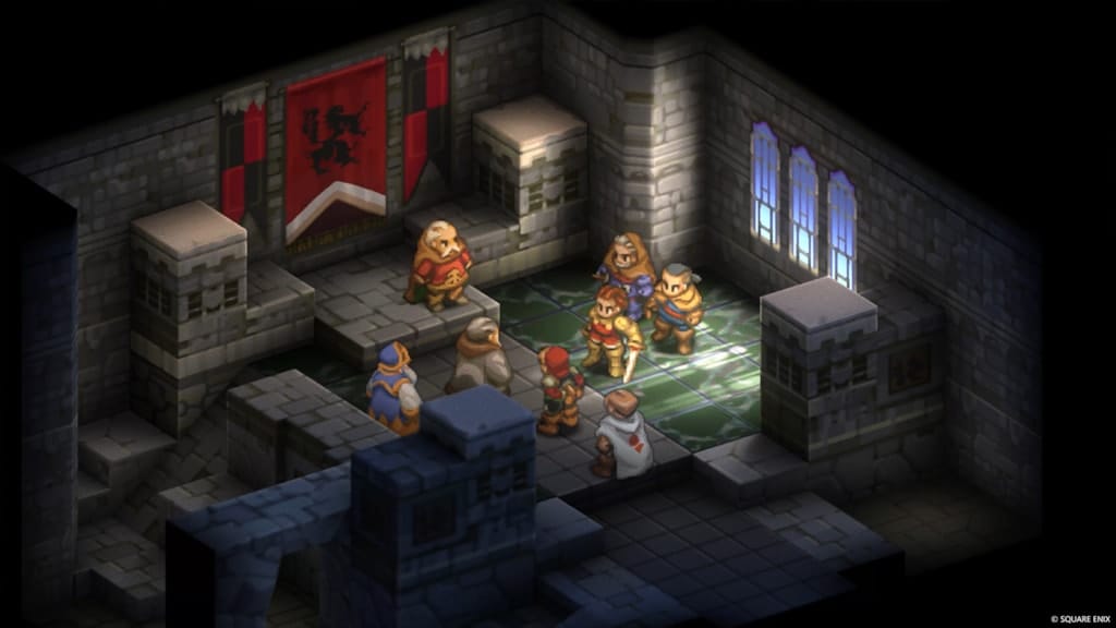 Delita in a dark room with his sword drawn. A red lion banner hangs in the background.