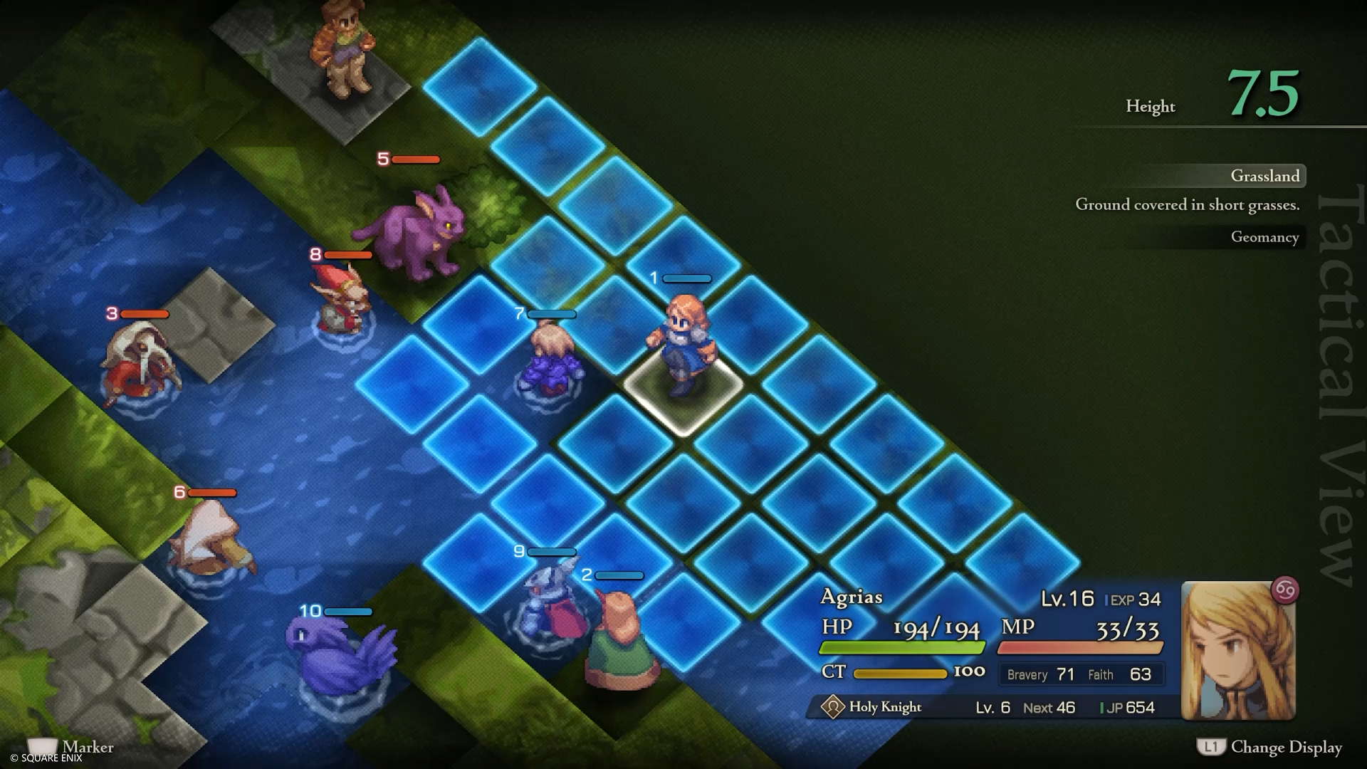 Battle taking place on a river with terrain the main character can move to highlighted in blue.