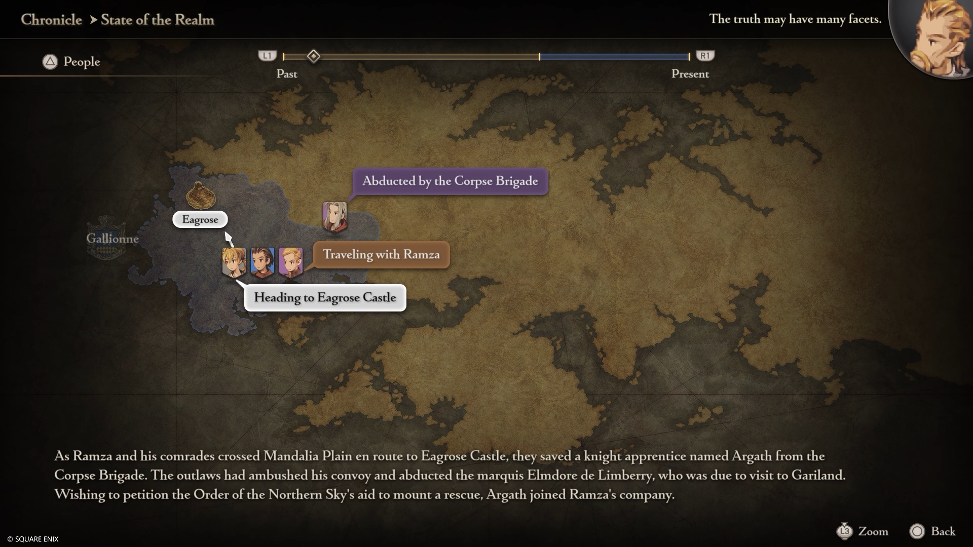 Map showing the State of the Realm with character icons for side stories.