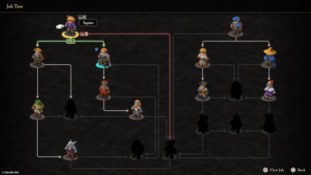 Job tree, showing the main character as a level 6 Squire.