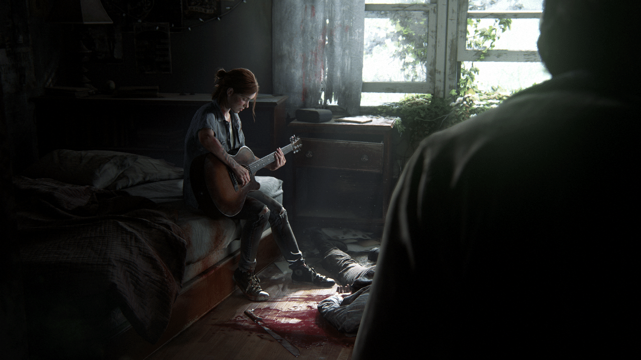 Ellie plays guitar on her bed. Sunlight filters in from the window as Joel looks on.