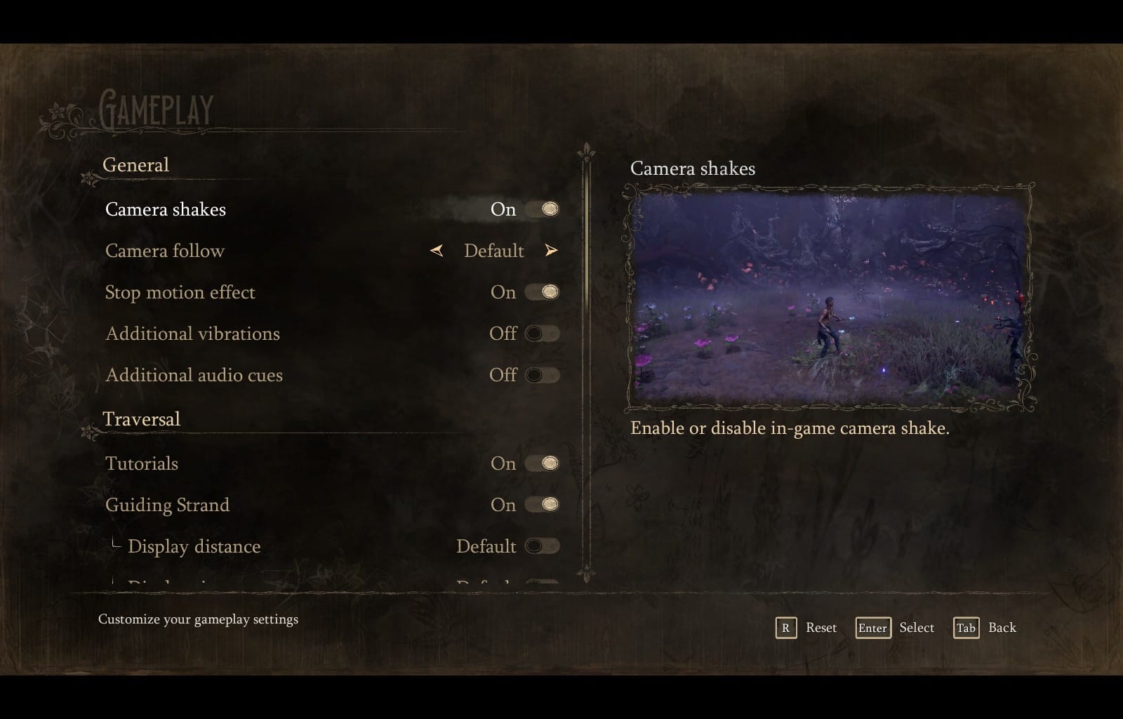 Gameplay menu featuring camera shakes, stop motion effect, vibrations, audio cues, and tutorials.
