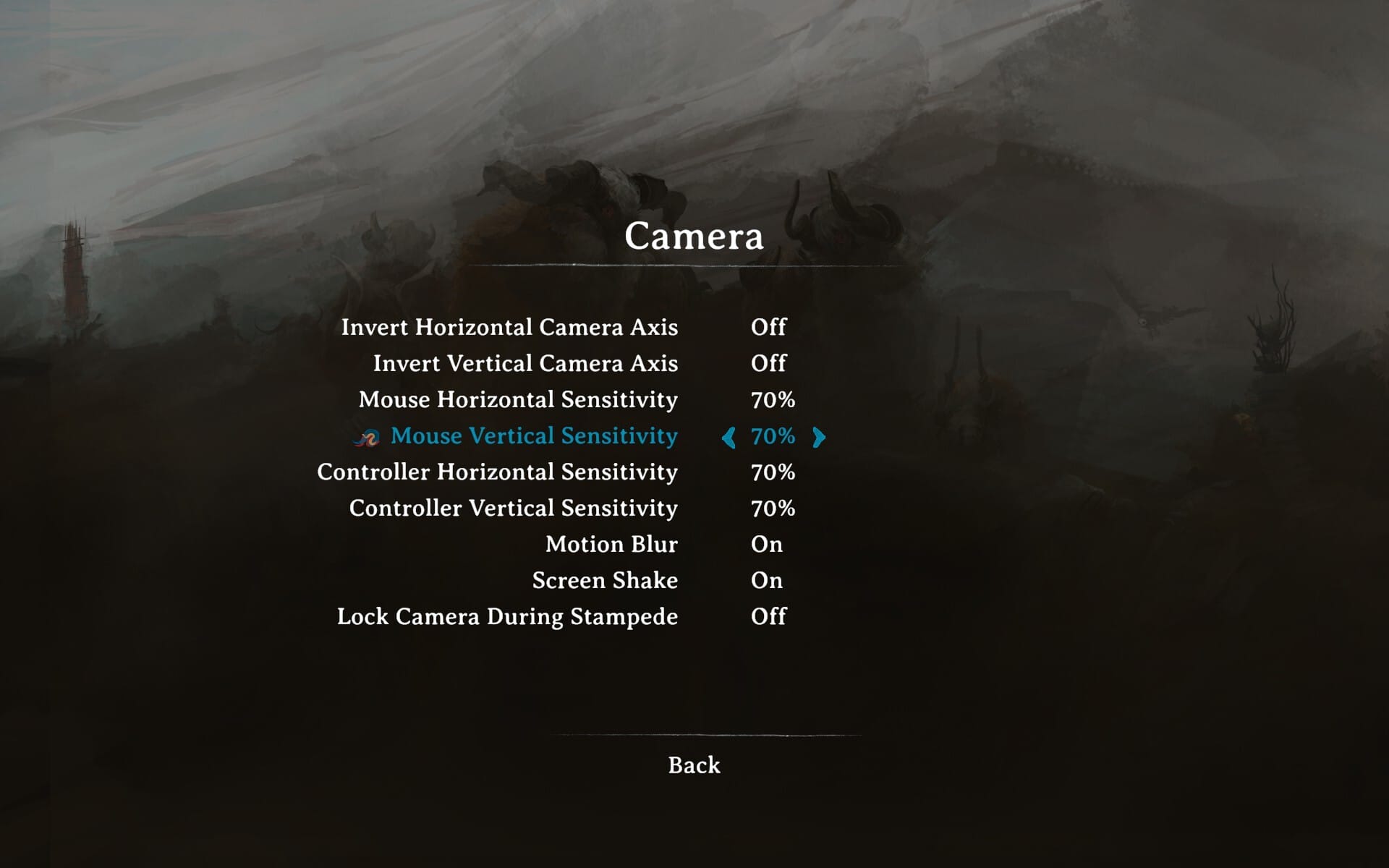 Camera options menu featuring inverted axes, mouse and controller sensitivity, motion blur, screen shake, and camera lock during stampede.