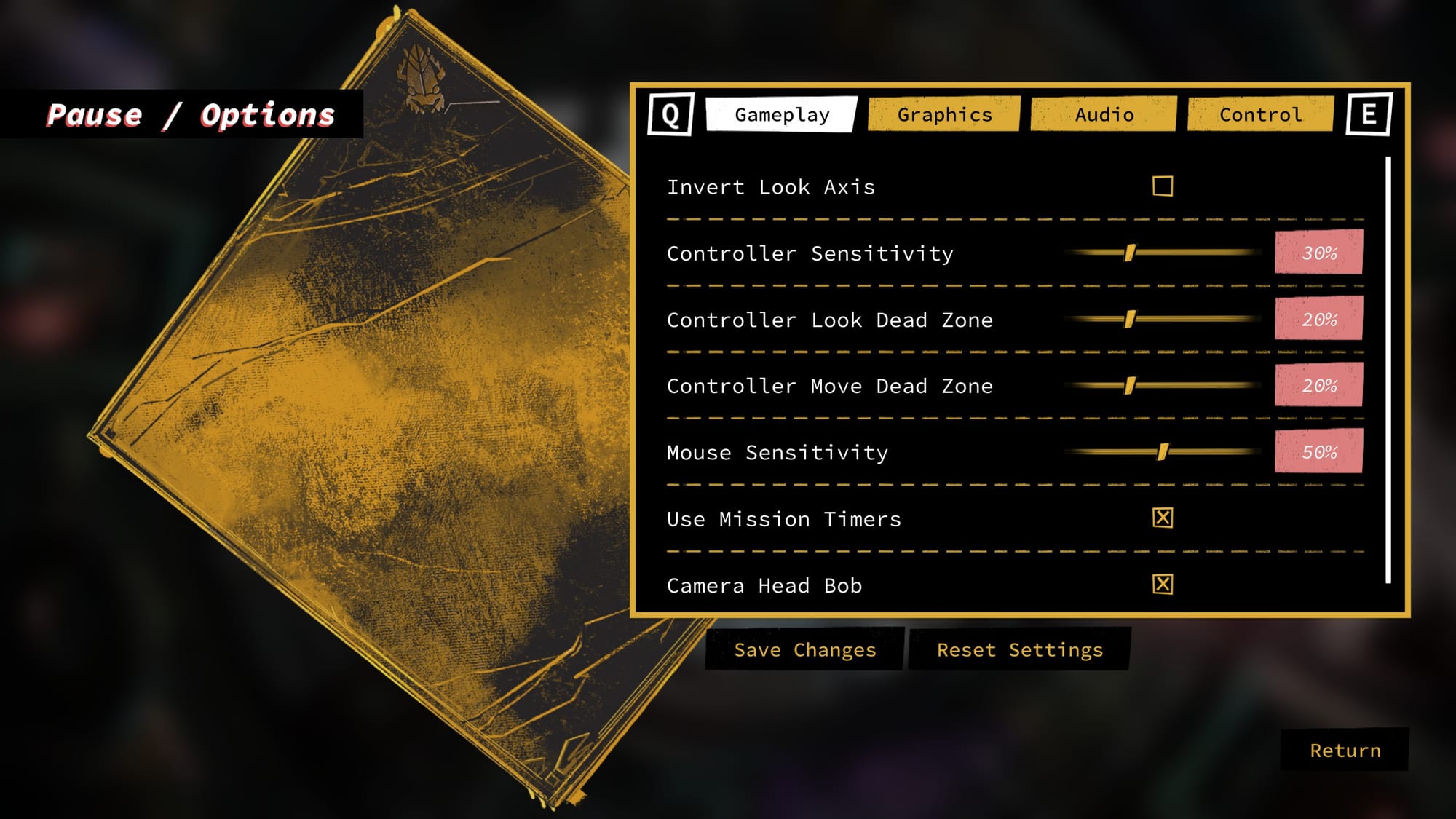 Gameplay menu with invert axis, controller sensitivity, mission timer toggle, and camera head bob toggle.